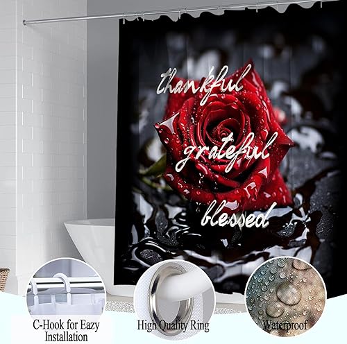 Miniatura 2 de Juego de 4 cortinas románticas de ducha de baño con rosas rojas, juego de baño floral de tela impermeable con cortina de ducha, alfombras, cubierta