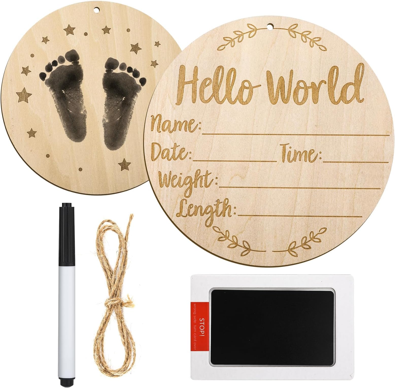 Wooden Baby Announcement Sign, 5.9 Inch Round Baby Nursery Name Signs with Ink Pad for Baby Hand and Footprints Wooden Hello World Newborn Sign for Photo Prop Keepsakes
