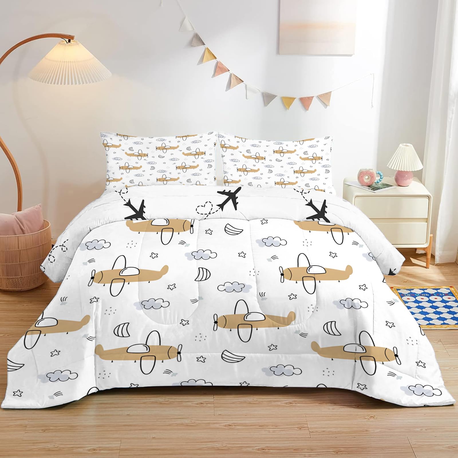 Dyausi Colorful03 Aircraft Single Duvet Kids - Reversible Coverless Duvet 2 Piece - Duvet 7.5 Tog With Cartoon Airplanes Pattern - Lightweight Hypoallergenic And Washable Comforter - Single 135X200cm - Colorful