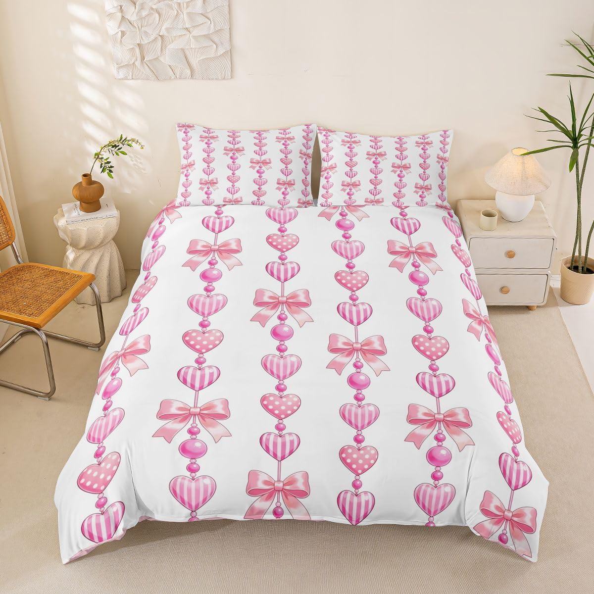 Homewish Kokarda w paski kropki dziewczęcy różowy super king zestaw pościeli księżniczka kawaii kokardka poszewka na kołdrę wstążka poszewka na kołdrę geometryczne marzycielskie urocze