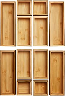 ORGA-BOX BAMBOO Storage Box 12-Piece (Oiled, 3 Sizes 85/171/257x85x50mm | (Oiled, 3 Sizes 85/171/257x85x50mm) Organization System Stackable for Kitchen Drawers Bathroom and Study Room