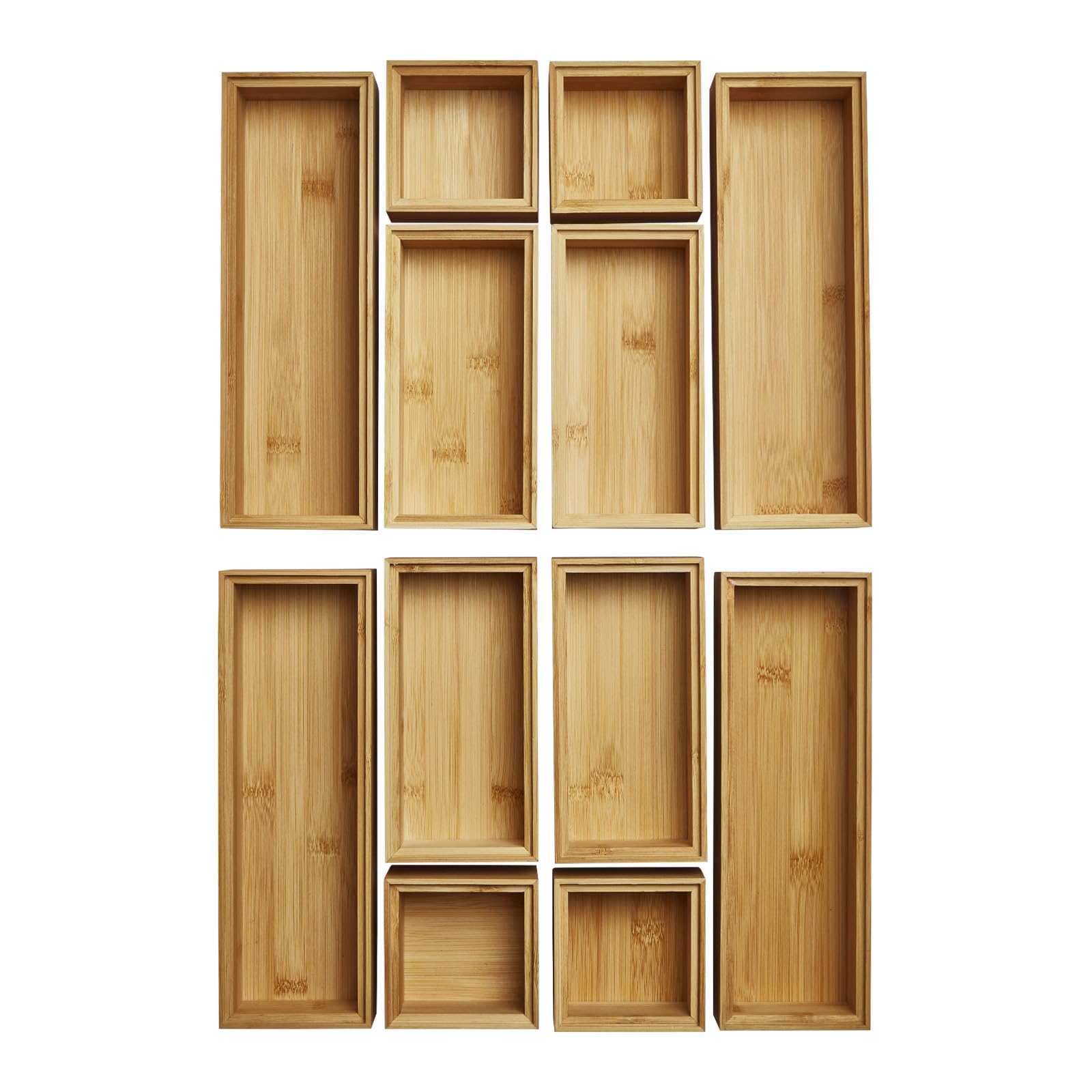 Orga-Box SOTECH BAMBUS Aufbewahrungsbox 12 teiliges Set | (geölt, 3 Größen 85/171/257 x 85 x 50 mm) Ordnungssystem stapelbar für Küchenschubladen Badezimmer und Arbeitszimmer