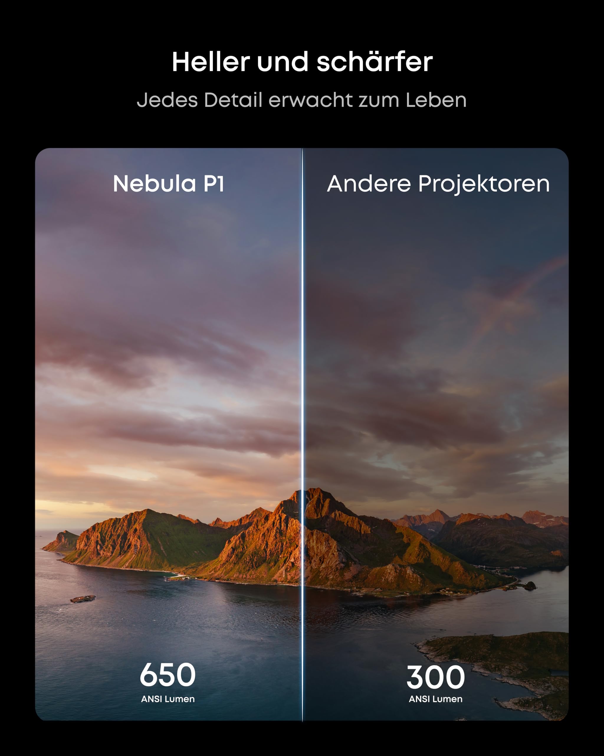 Nebula by Anker P1 Tragbarer Projektor, kabellose, abnehmbare Lautsprecher | 1080P, 650 ANSI Lumen, 20W 2.0 Surround Sound, 130° Dual-Arm Gimbal, Auto-Bildanpassung, 120" Bildschirm, Tragegriff, GTV