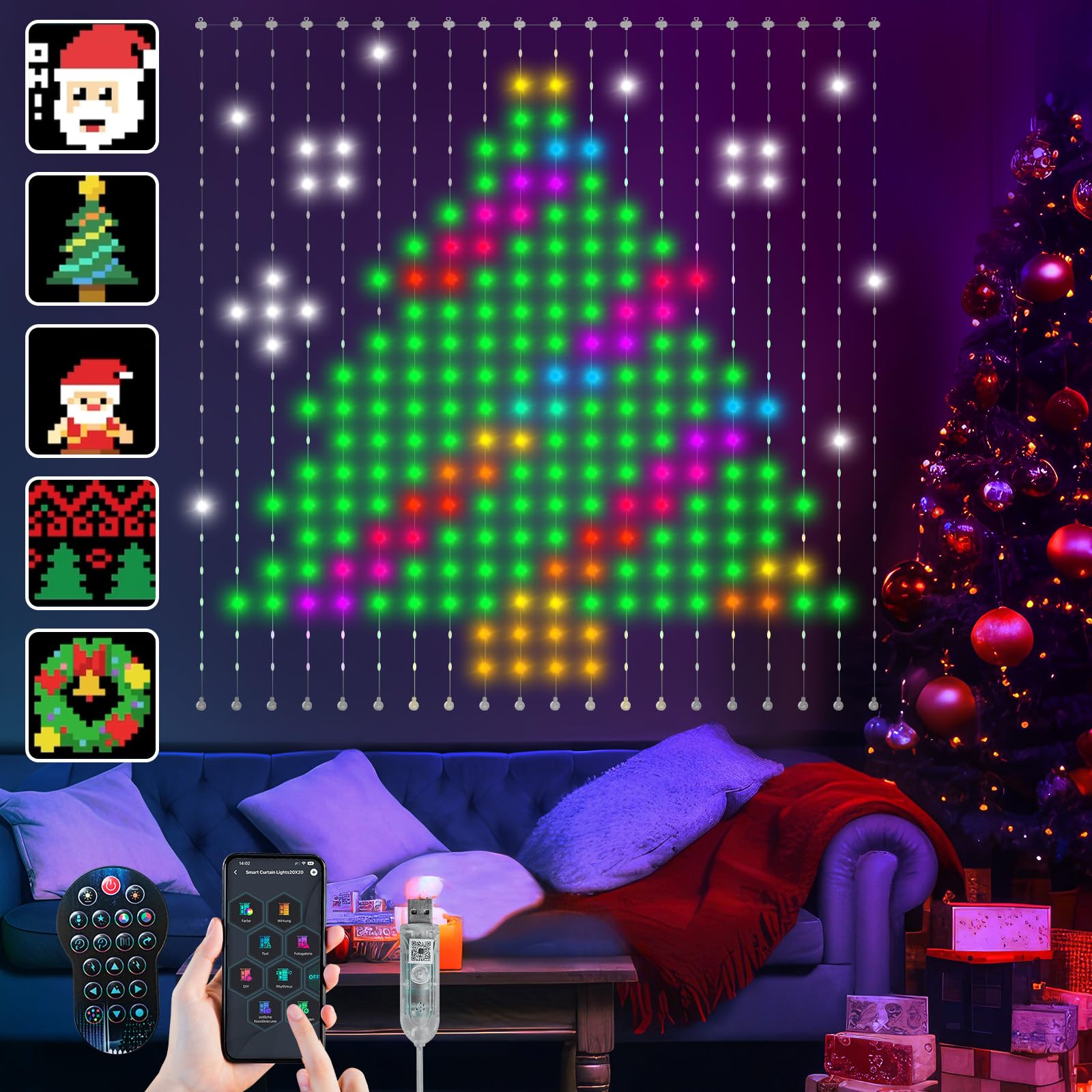 Ciskotu Curtain Lights, 86+ modes LED Rideau Lumineux intelligents, motif dynamique avec 400 LEDs, étanche IP65, Bande LED pour Chambre Coucher, décoration de Noël (2 x 2 m)