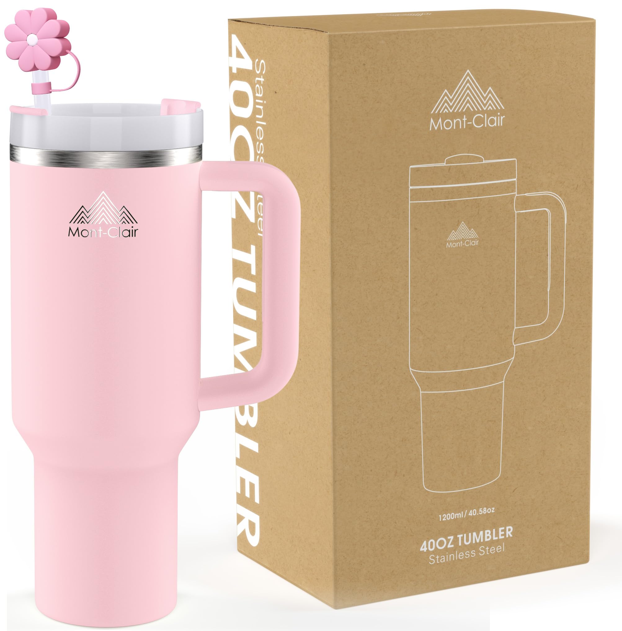 Mont-Clair 40oz Tumbler with Straw and Lid - Insulated Stainless Steel Travel Mug with Handle - Thermos Travel Mug for Hot & Cold Drinks - Cold or Hot for 10 Hours - Iced for 48 Hours - 1200ml - Pink