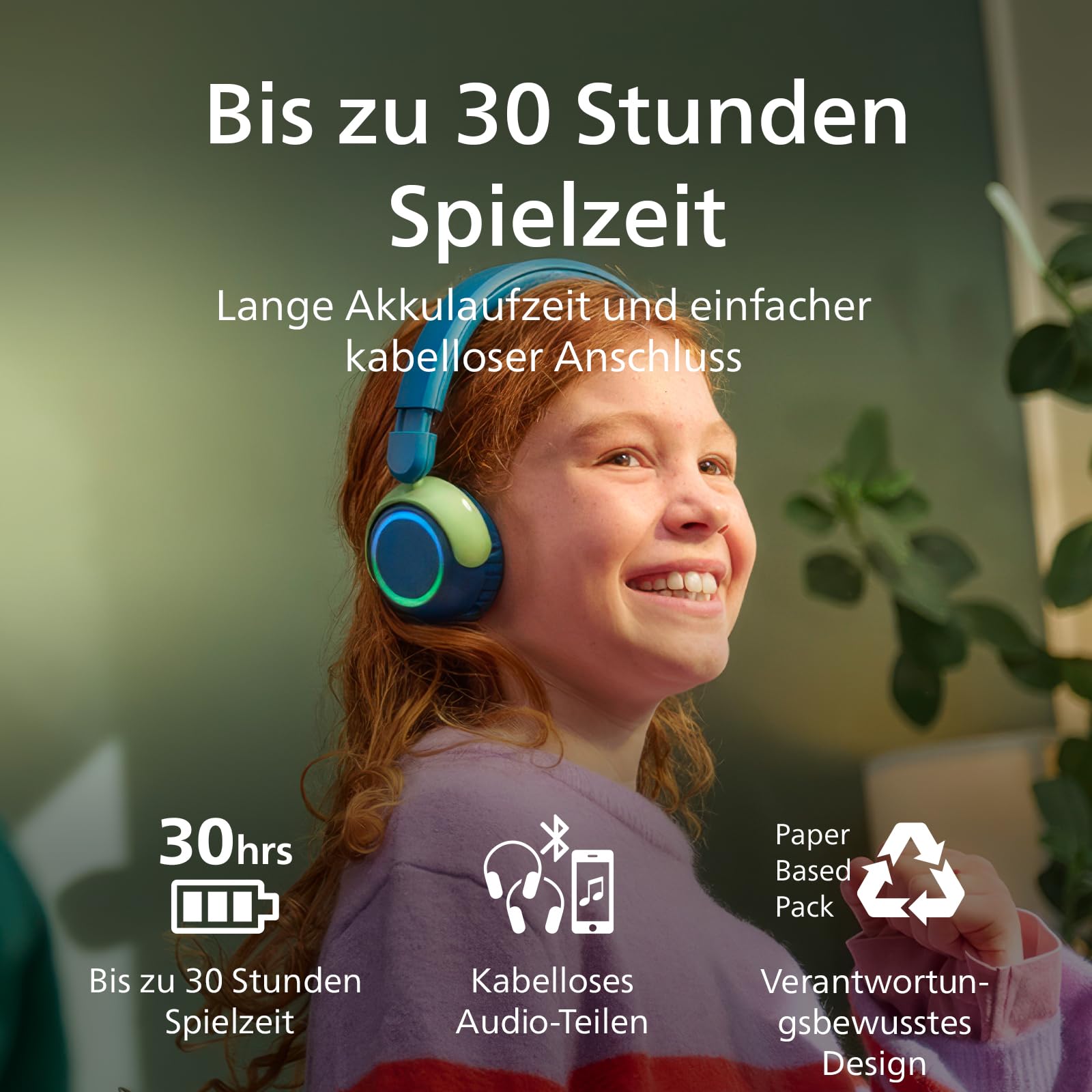 Philips TAK4200CT 4200-Serie mit kabellosem ohraufliegendem Kopfhörer für Kinder, lautstärkenbegrenzt, Audio-Sharing, 3,5 mm und USB-C-Kabel im Lieferumfang inbegriffen – Crystal Teal