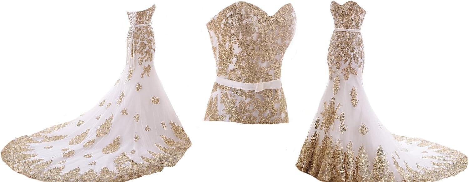 Lemai Mermaid Long Tulle Gold Lace Corset Sweetheart Wedding Dresses with Sash - Image 2