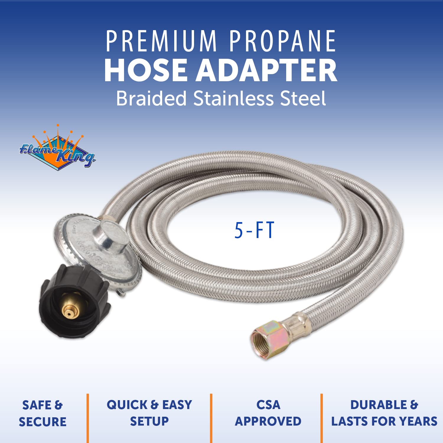 Flame King SS-QCC-3/8 - Regulador universal de propano QCC1 de baja presión de 5 pies con manguera trenzada de acero inoxidable para la mayoría de parrillas de gas LP, calentadores y mesas de hoguera,
