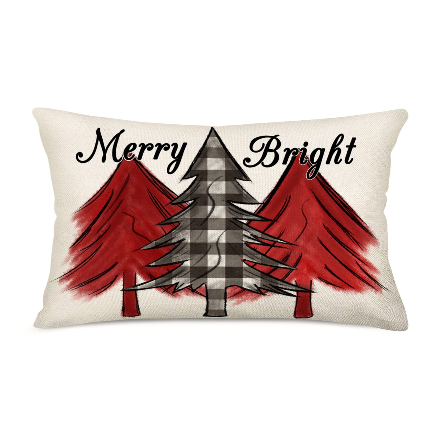 Fukeen Merry Bright Christmas Tree Pillow Covers 12x20 Inch Black White Buffalo Plaids Checked Xmas Red Trees Farmhouse Decorations Throw Waist Pillow