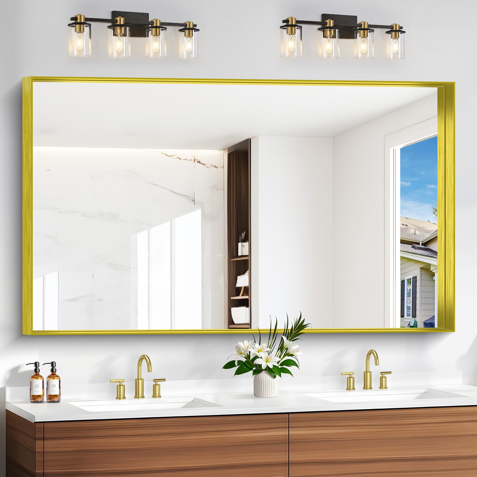 gold bathroom mirror, 30x60 inch rectangular deep frame mirror, large wall mounted bathroom vanity mirror over sink for bedroom,restroom, living room, hangs vertically or horizontally