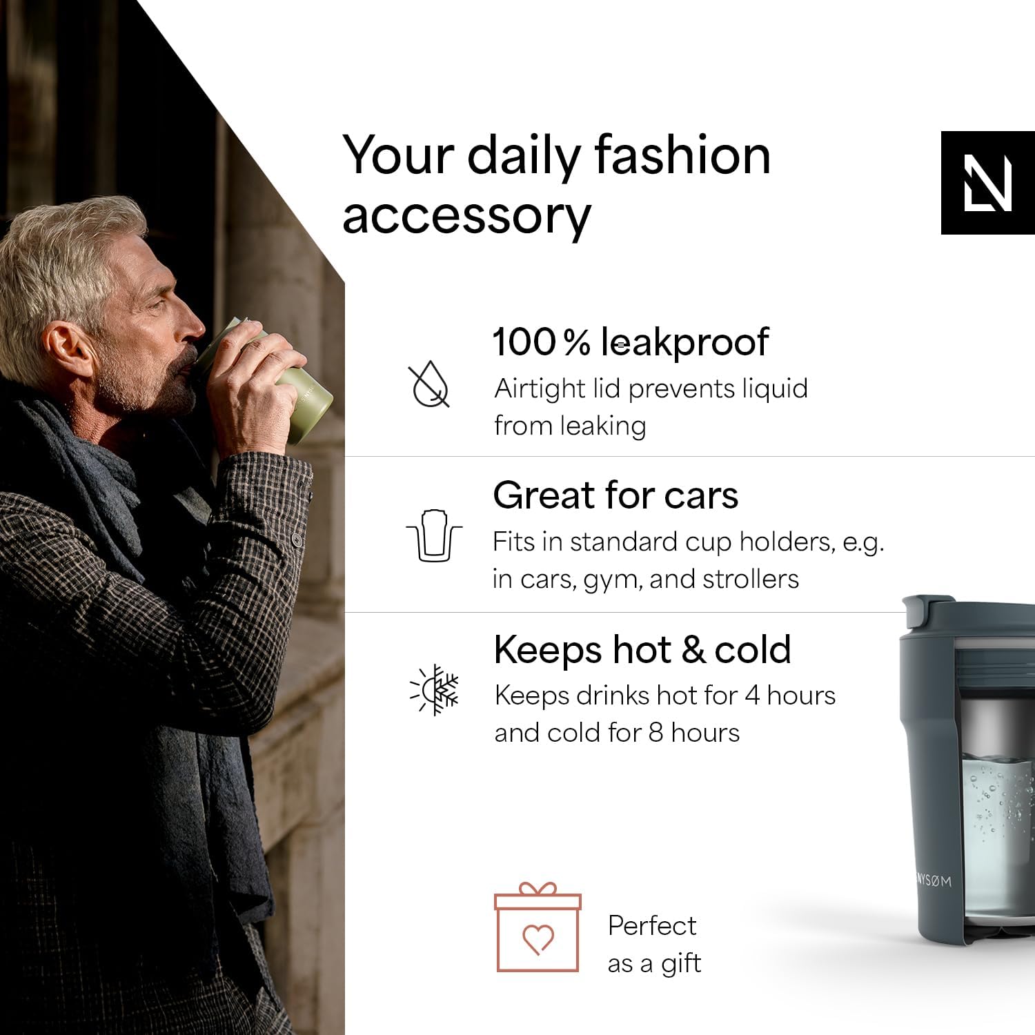 LARS NYSØM Thermo Coffee Mug to go 13oz | Travel Mug 0.38 Liter with Insulation | Leak Proof Stainless Steel Thermal Tumbler for Coffee and Tea on the Go (Stone Blue, 12.9oz) - Image 2