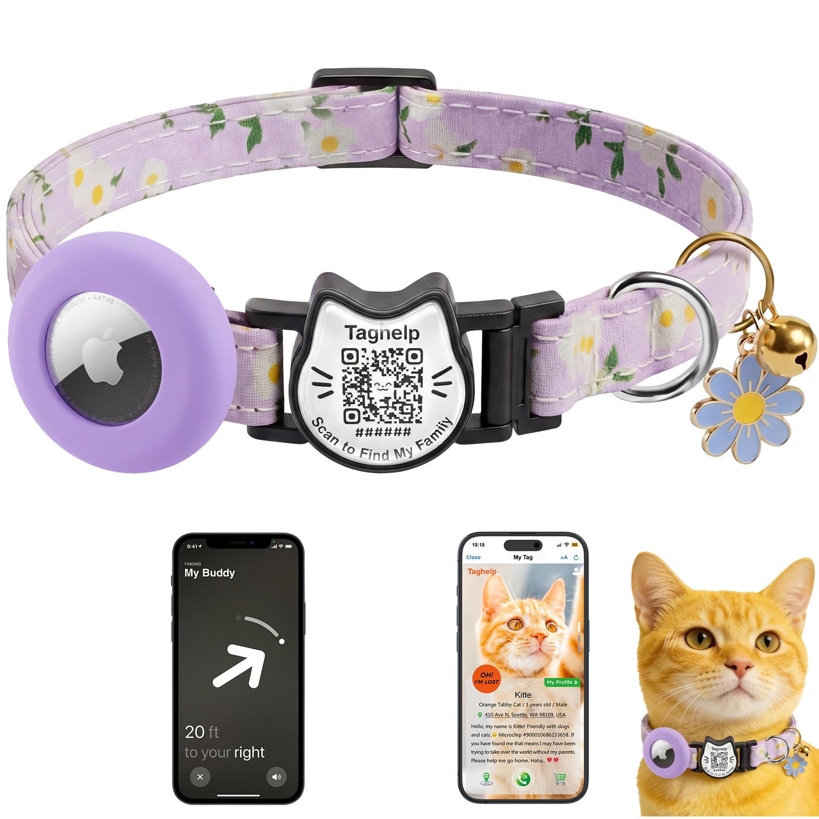 Smart Breakaway Katzenhalsband mit QR-Code, integrierter AirTag-Halter, verstellbares Baumwoll-Katzenhalsband mit Glocke für Kätzchen und erwachsene Katzen, ländlicher Stil mit Airtag-Halter (lila)