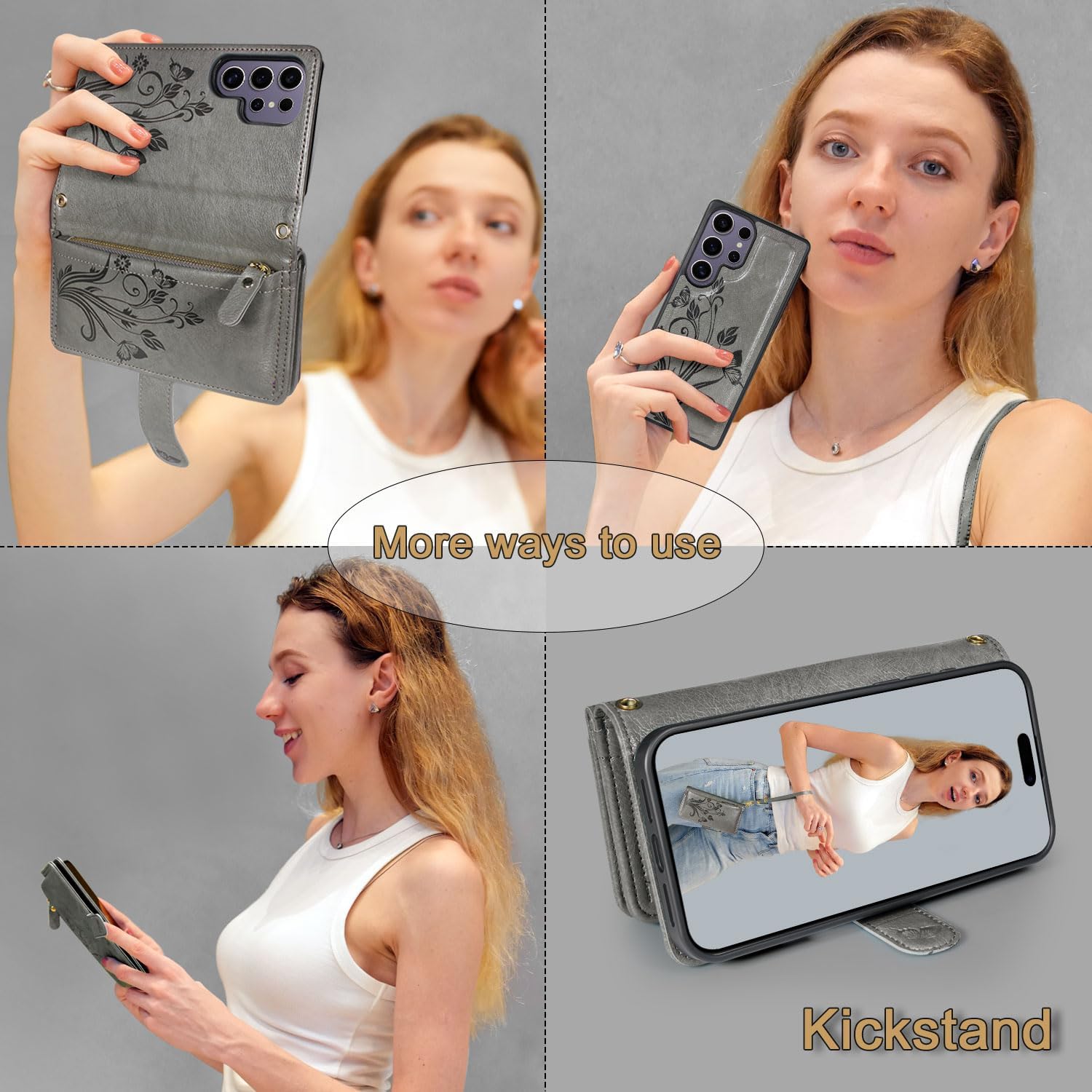 Lacass for Samsung Galaxy S25 Ultra Detachable Crossbody Wallet Case, Compatible with Wireless Charging, [Cards Theft Scan Protection], Magnetic Case Stand PU Leather Zipper(Floral Gray) - Image 4