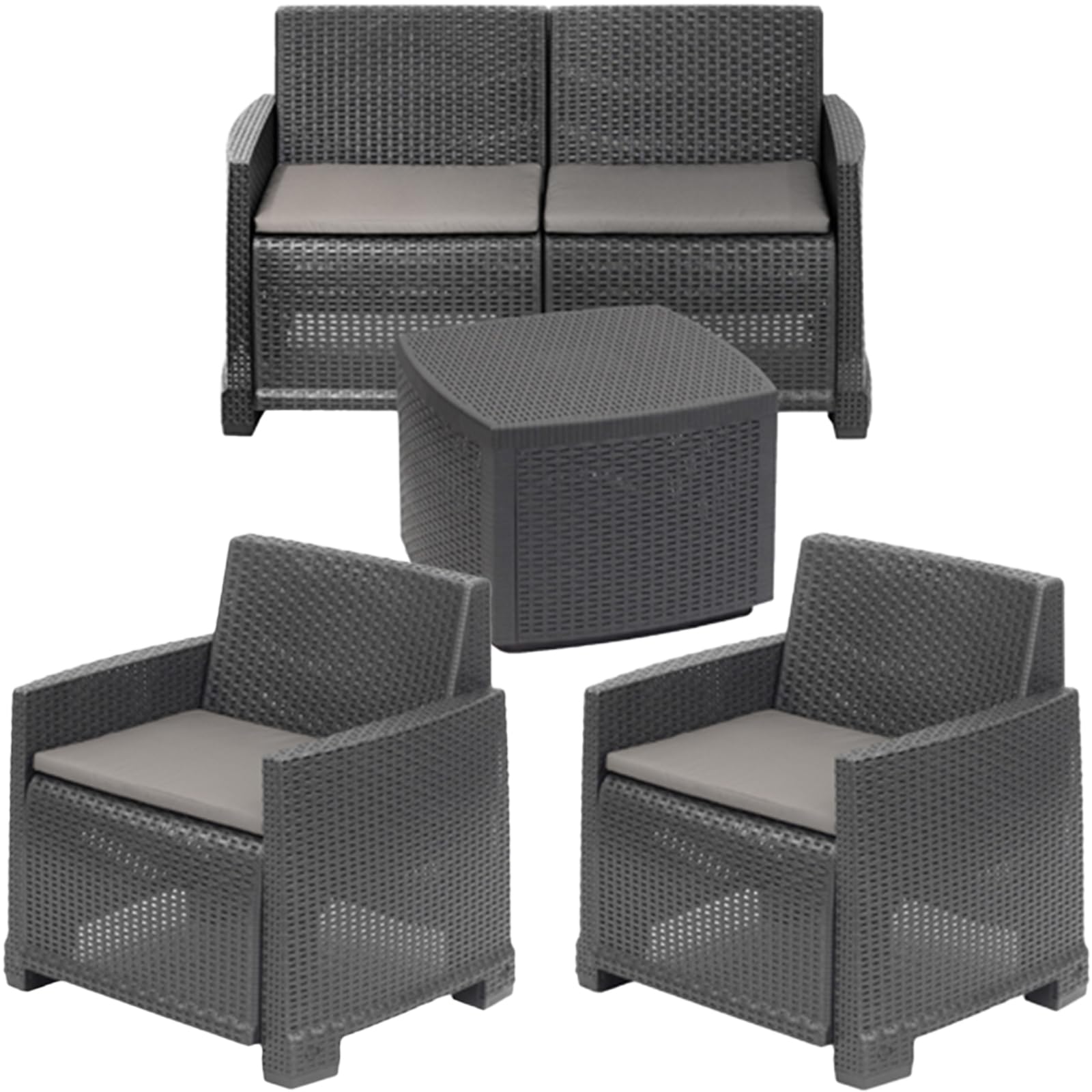 ipae progarden | Set Como, Salotto in Polipropilene effetto Rattan Intrecciato con Divano 2 posti, 2 Poltrone e Tavolino Contenitore - MADE IN ITALY (Antracite)
