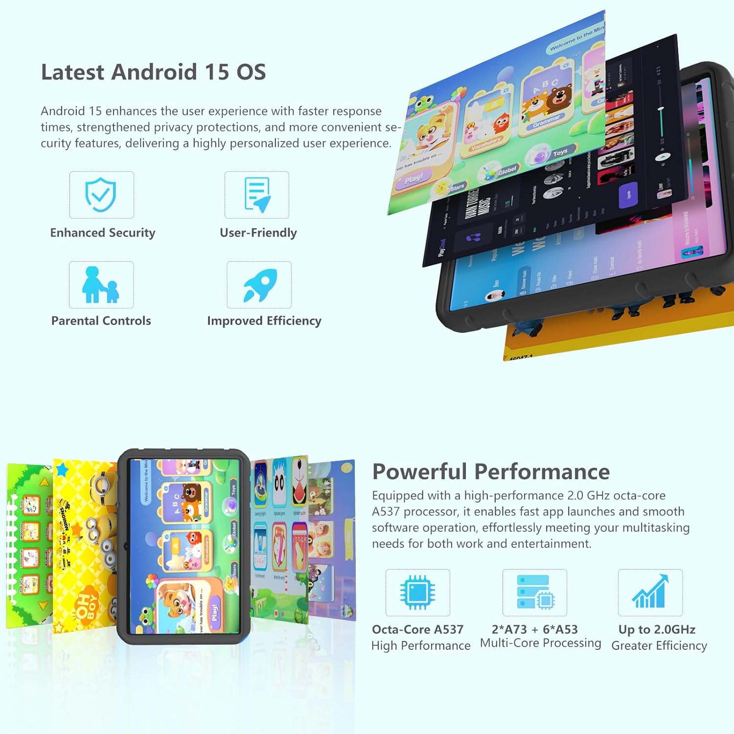 2025 Latest 10.1 inch Kids Tablet Android 15 Tablets for Kids with EVA Protective Case 20GB RAM 128GB Storage Toddler Tablet, Parental Controls, 12-hr Battery, WiFi, GPS, Black