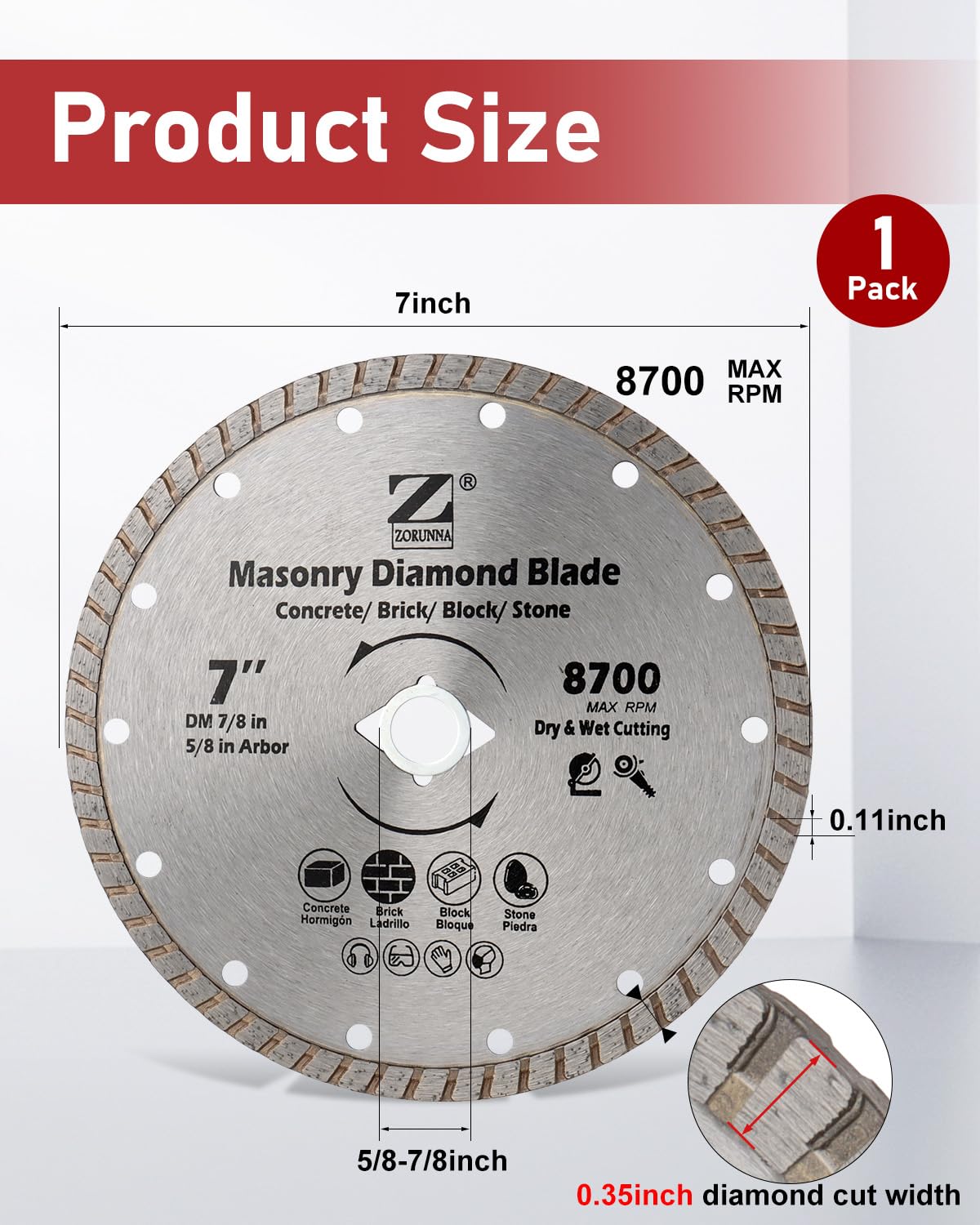 ZORUNNA 7 Inch Masonry Diamond Saw Blades, Sharp Concrete Saw Blade for Cutting Cement, Concrete with Rebar, Bricks, Stone, Granite, Pavers and Blocks with 7/8 Inch Arbor and 5/8 Inch Reducer Ring.