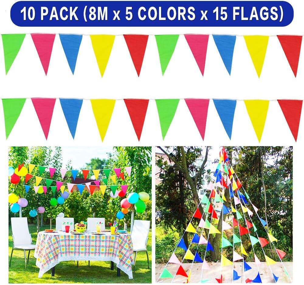 Multicolor Bunting Banners 10 Pack Outside Double-sided Hesian for Garden Decorations Birthday Wedding Party Indoor Outdoor Nylon 15 Flags 5 Colors Pink Blue Red Yellow Green (10 Pack 8m/26.2ft)