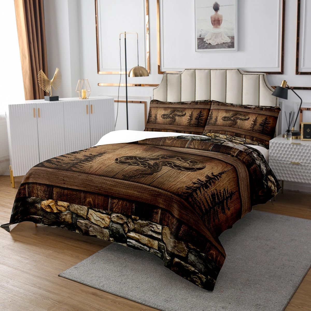 Erosebridal Snake Quilt Set King Size Farmhouse Wild Animal Bedspread 3 Pcs, Woodland Wildlife Animal Coverlet Set for Kids Boys Girls Retro Brown Snake Bed Set Rustic Farmstyle Bedding