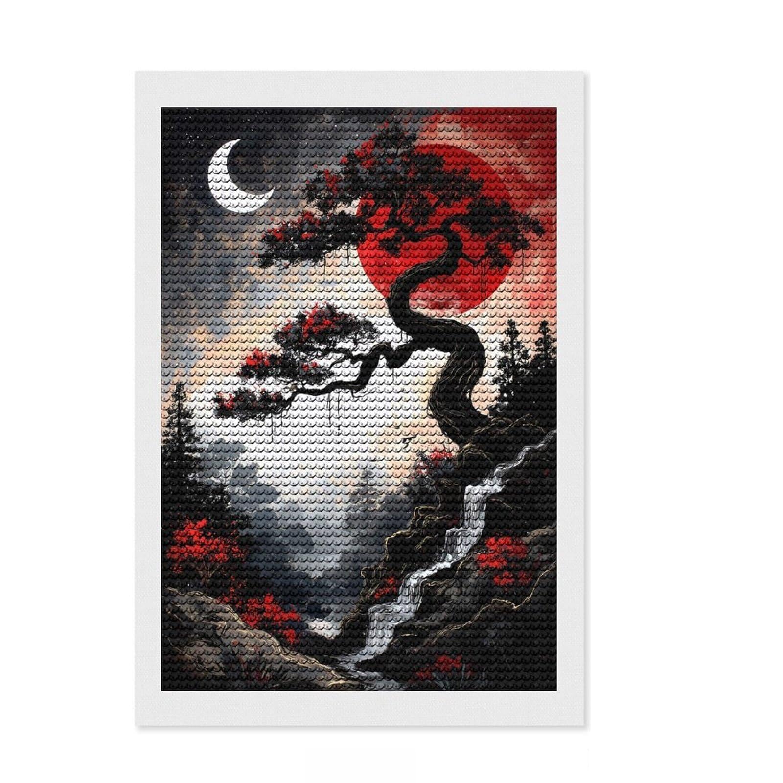 Junmoney Japanese Landscape with Red Sun and Moon 5D Diamond Painting Kit 8"x12", Round Gems, Living Room Decor, Decorative Artwork, Vintage Style Decor
