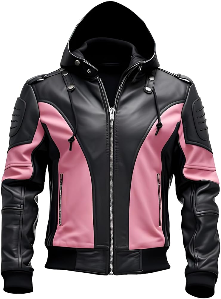 Men's Black Pink Genuine Sheepskin Hooded Biker Rider Smooth