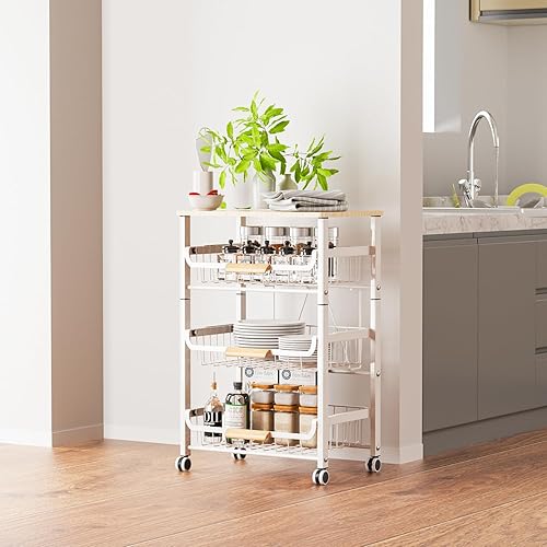 Miniatura 6 de JAQ Cesta deslizante para frutas y verduras para cocina, carrito de almacenamiento con ruedas de 4 niveles con mango de madera y parte superior,