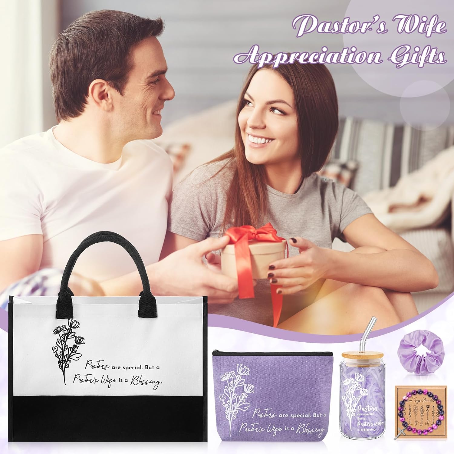 7 Pcs Christmas Pastor's Wife Appreciation Gifts Christian Tote Bag Glass Inspirational Religious Thank You Gifts(Purple) - Image 4