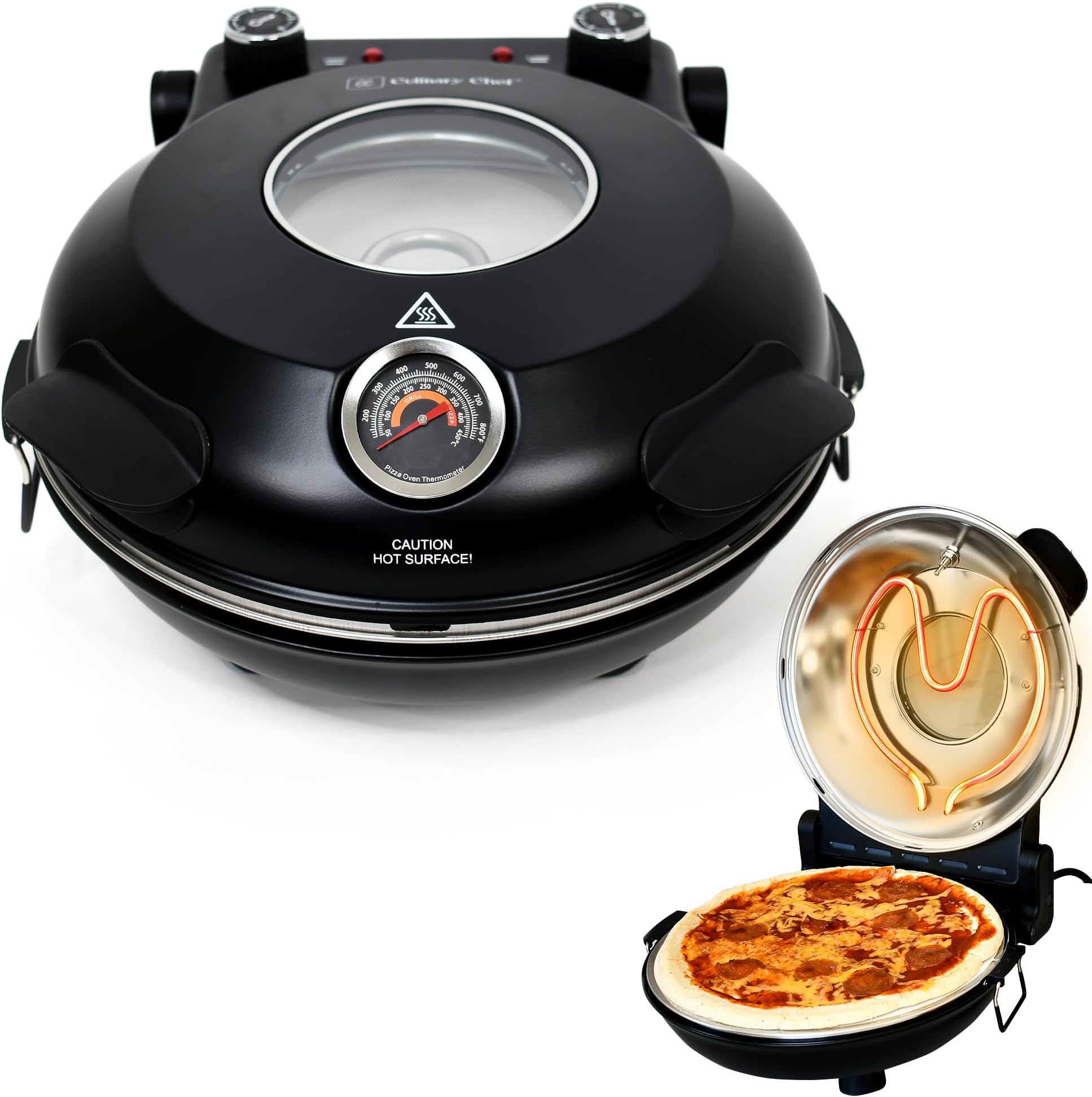 CULINARY CHEFElectric pizza oven with ceramic stone, viewing window, adjustable heat control, timer and baking power of 1200W, homemade pizza, large capacity
