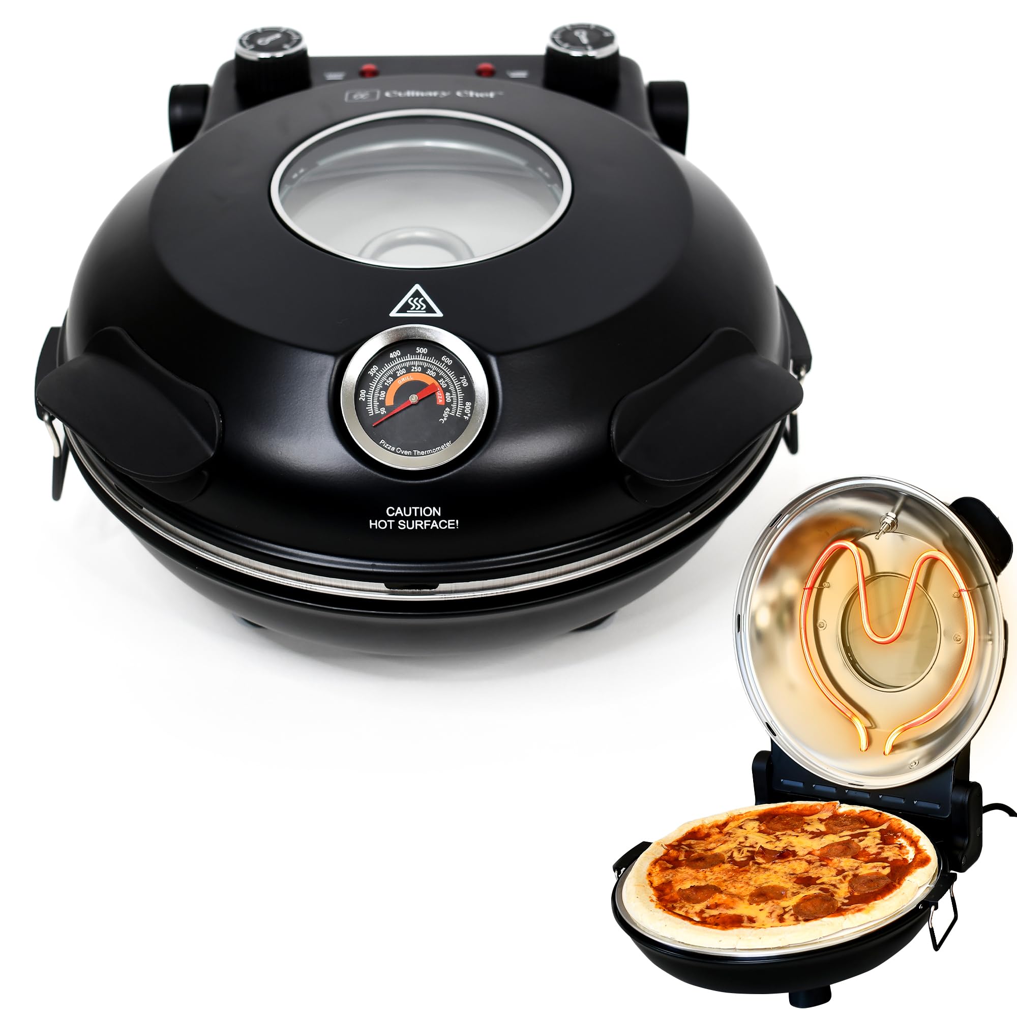 Electric Pizza Oven with Ceramic Stone, Viewing Window, Adjustable Heat Control, Timer and 1200W Baking Power, DIY Homemade Pizzeria, Large 12” Pie Capacity (Black)