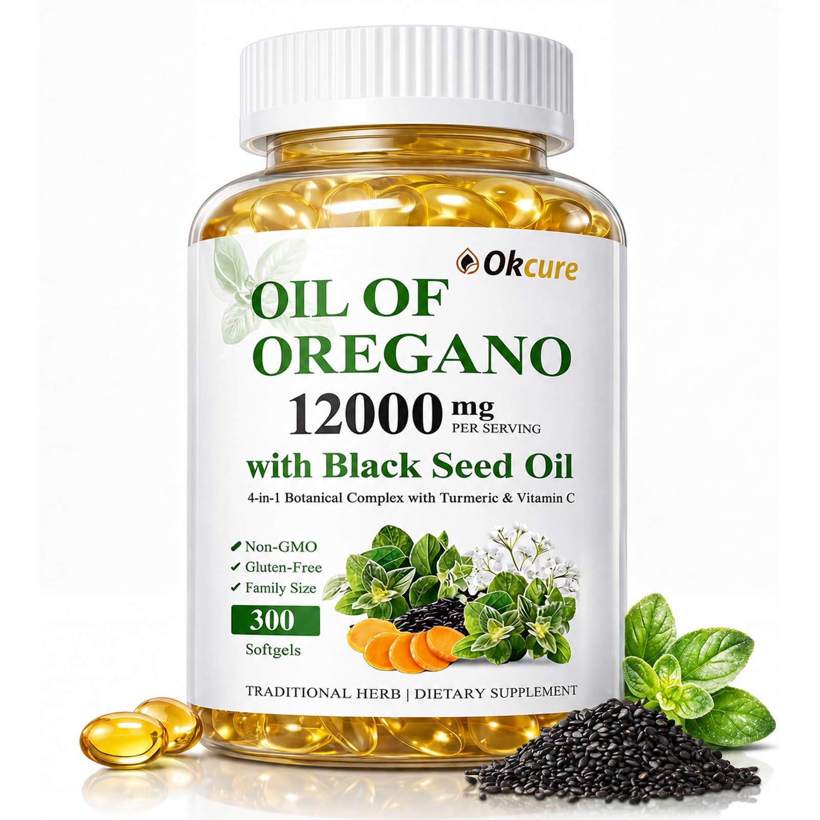 Oil of Oregano with Black Seed Oil, Immune Support Supplement 300 Count (Pack of 1)