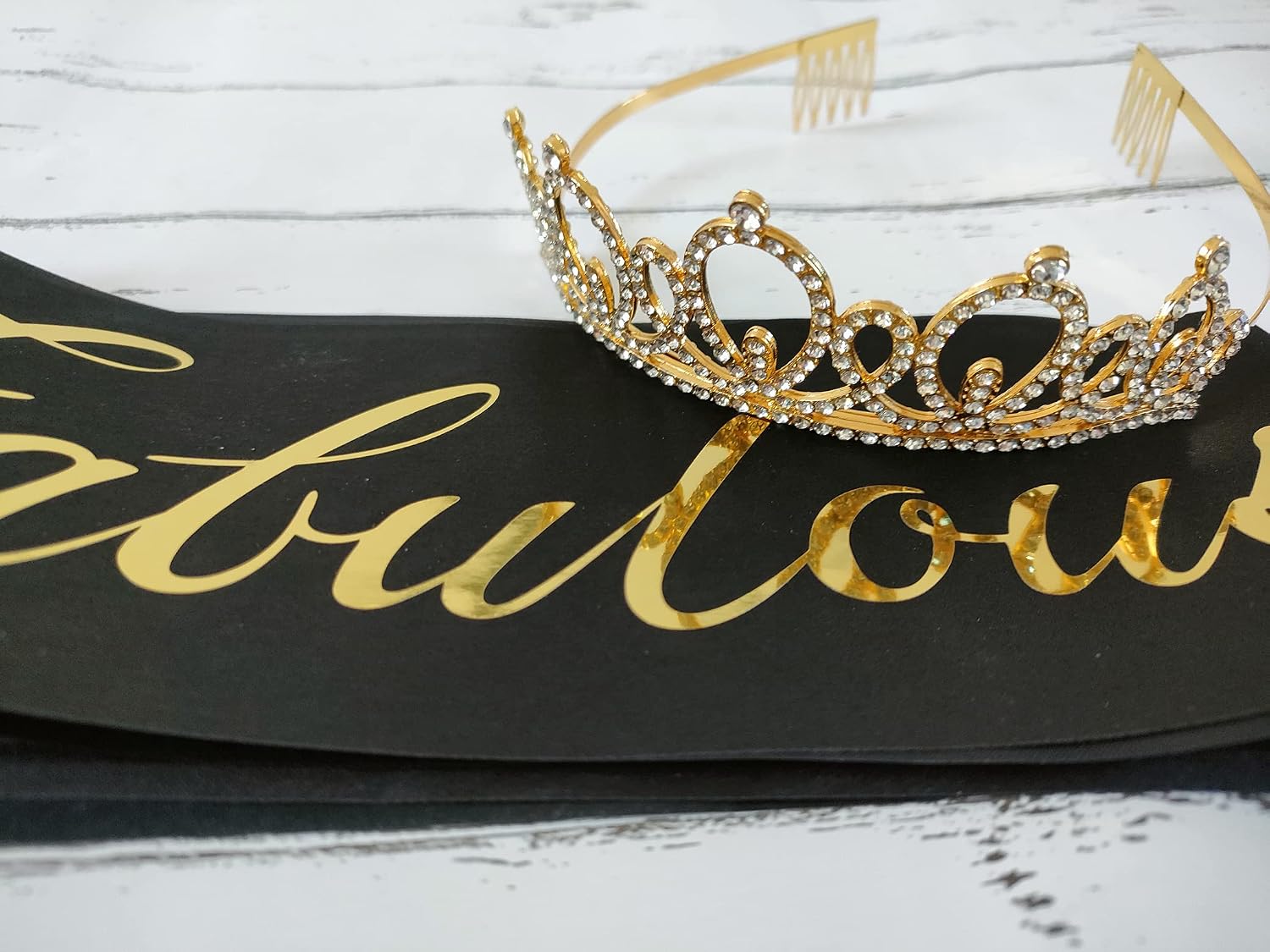 Happy 53rd Birthday Tiara and Sash Gifts Crystal Rhinestone Princess Crown Birthday Women Party Favor Supplies Gold Crowns Black Sash image 4