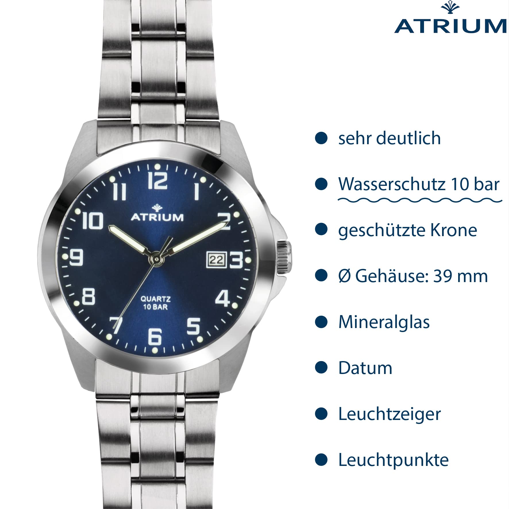 Atrium Herren-Armbanduhr Edelstahl Analog Quarz 10 bar mit Datum, Leuchtzeiger, sehr deutliches Zifferblatt Dunkelblau und Stahlband silberfarben A16-35