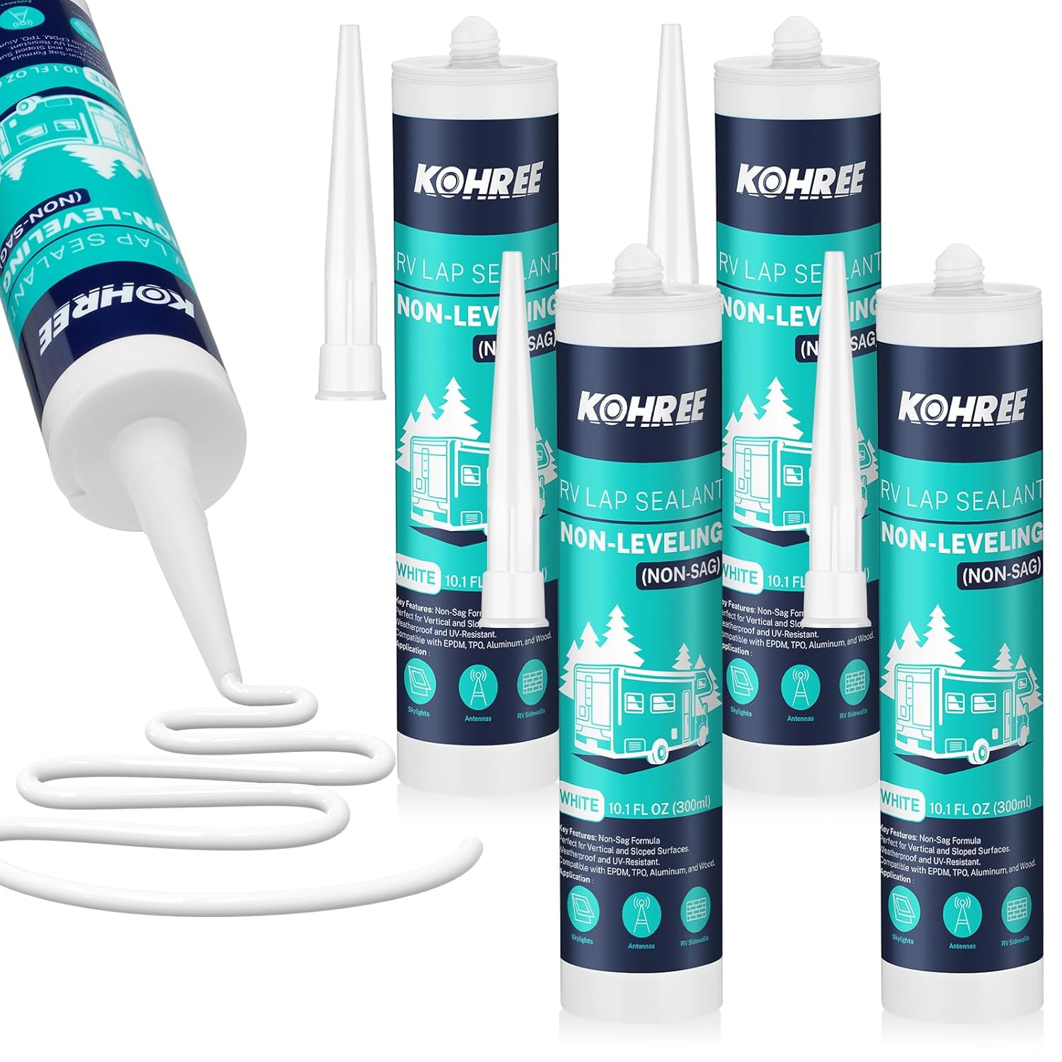 Kohree Non-Leveling RV Roof Sealant 4 Pack, Non Sag Lap Sealant for RV Roofs White, Waterproof RV Caulking for Roofing, Maintenance, Repair (for Vertical Surface)