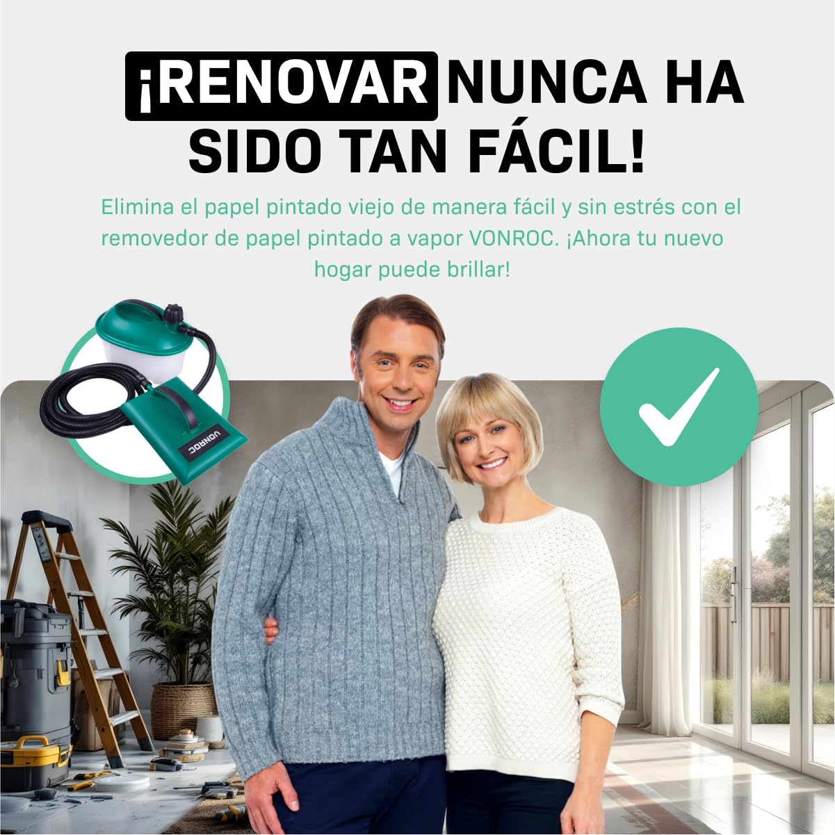 VONROC Decapante a vapor para papel tapiz 2000W - 4.5L, 3.5m de manguera