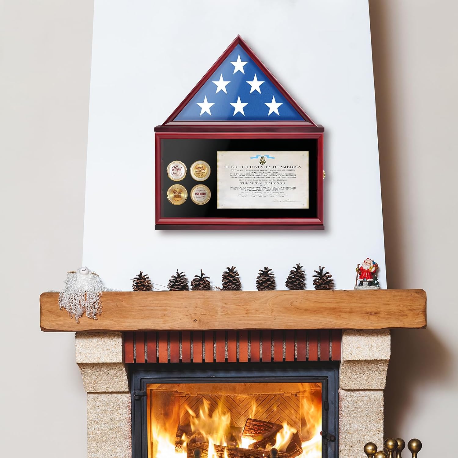 Challenge Coin Flag Display Case with Certificate Holder Flag Display Case fit Folded 3'x5' Flag,Badges Certificate Coin Display with Lockable Door Veteran Flag Display Case with Clear Glass