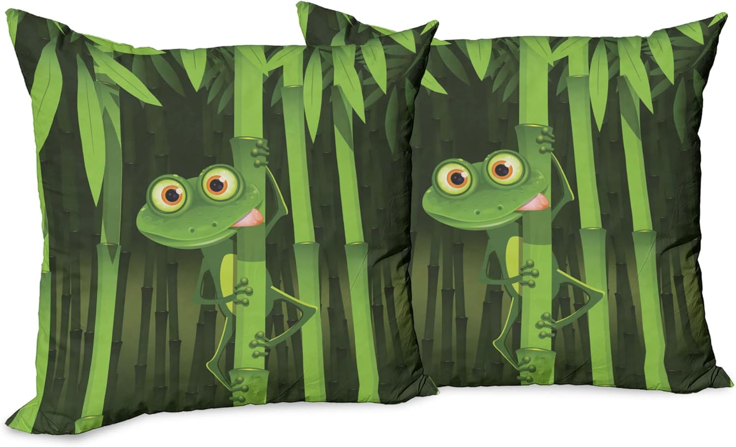 Ambesonne Animal Throw Pillow Cushion Cover Pack of 2, Funny Illustration of Friendly Fun Frog on Stem of The Bamboo Jungle Trees Nature, Zippered Double-Side Digital Print Decor, 18", Green Shades