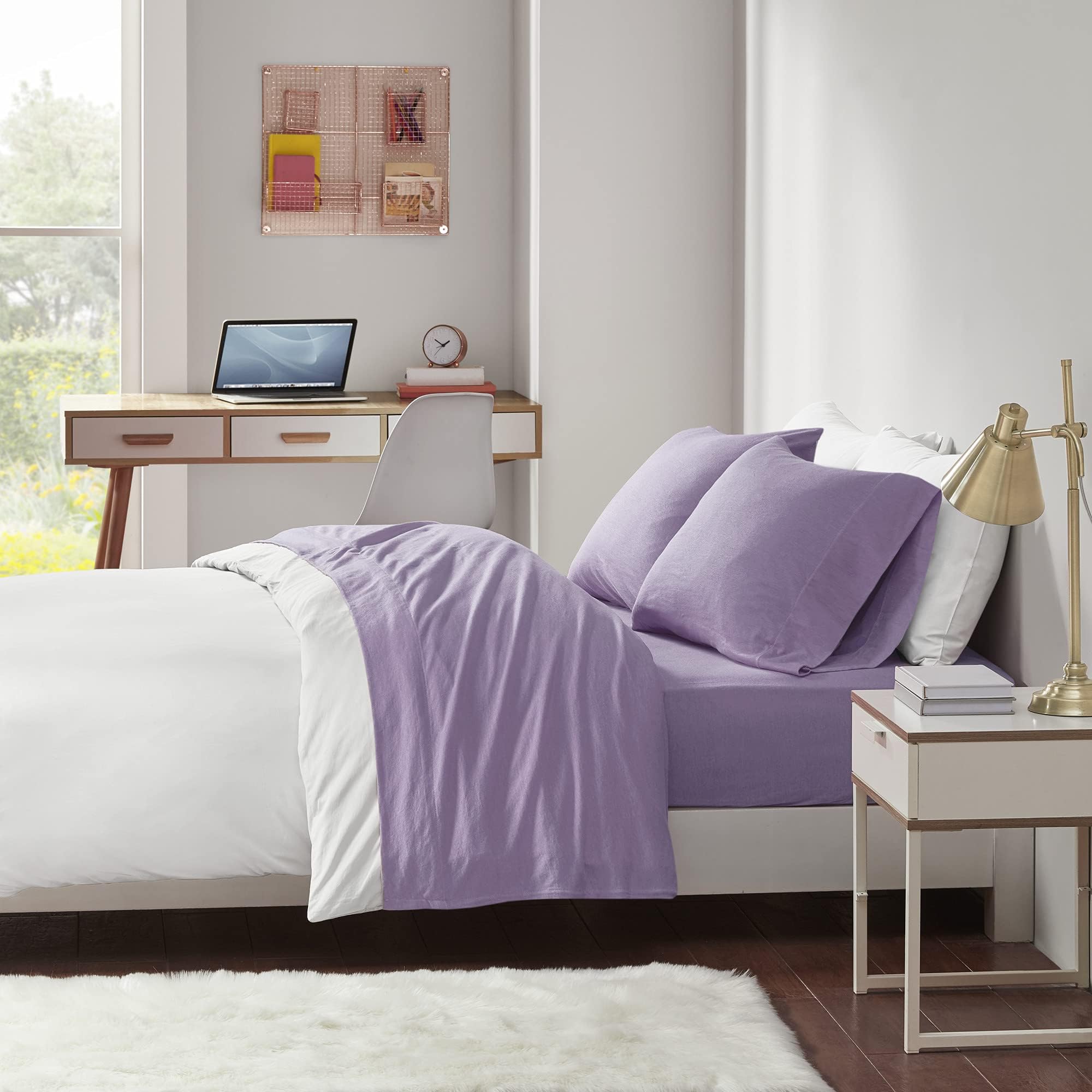 Intelligent Design Cotton Blend Jersey Knit Bed Sheet Set Wrinkle Resistant, Soft Sheets with 14" Deep Pocket, All Season, Cozy Bedding-Set, Matching Pillow Case, Queen, Purple 4 Piece