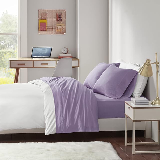 Intelligent Design Intelligent Design Cotton Blend Jersey Knit Sheet Set Twin XL Size, Purple | 3 Piece Soft & Breathable Sheets Feel Cool & Smooth, All Season Cozy Bed Set, 14" Deep Pocket Fitted Sheet, with Pillow Case, Twin XL, Purple