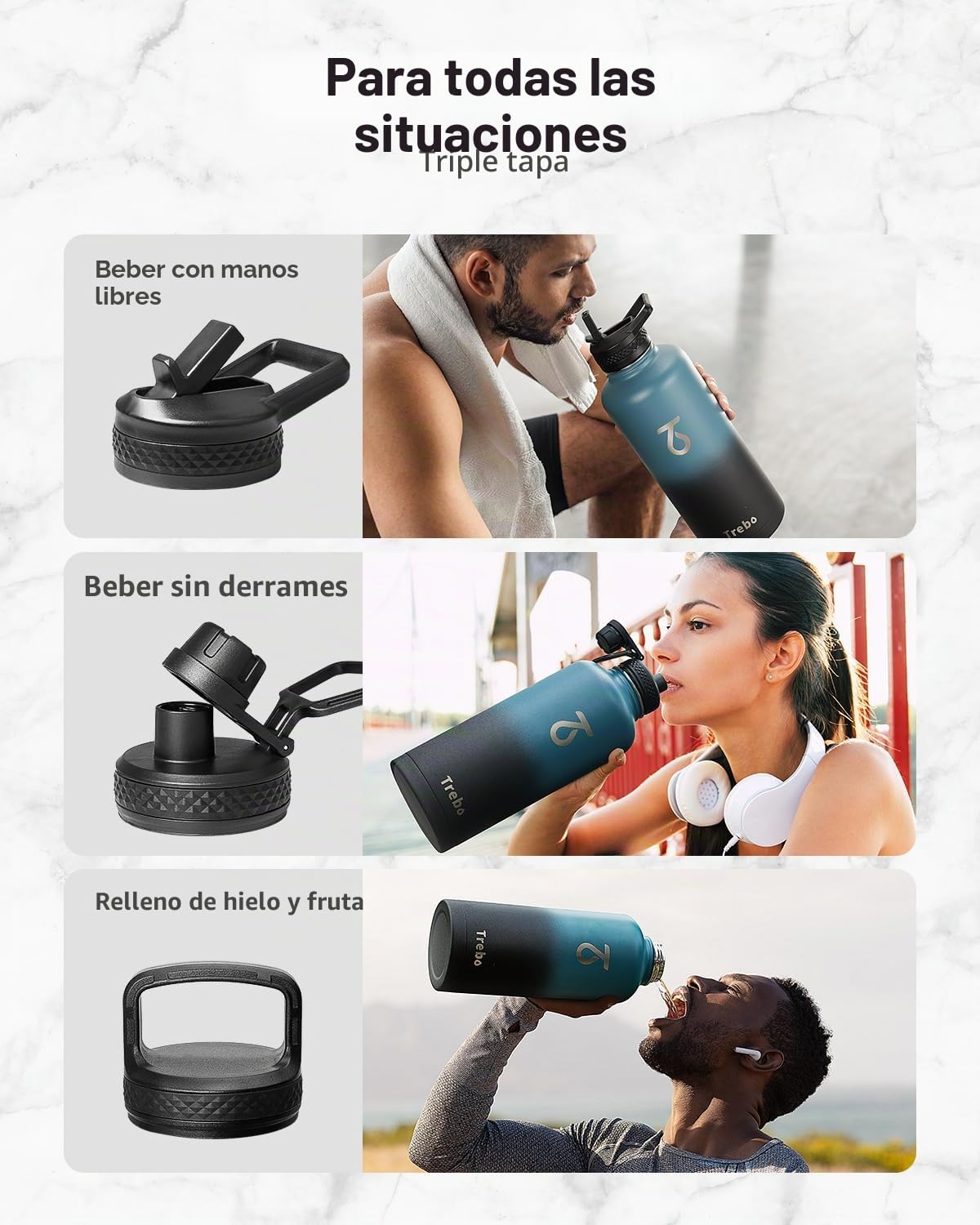 Trebo Botella de agua de 87 onzas con mango de paracaídas, de acero inoxidable al vacío de doble pared de grado alimenticio con tapas de mango de boquilla de pajilla, a prueba de fugas, mantiene frío