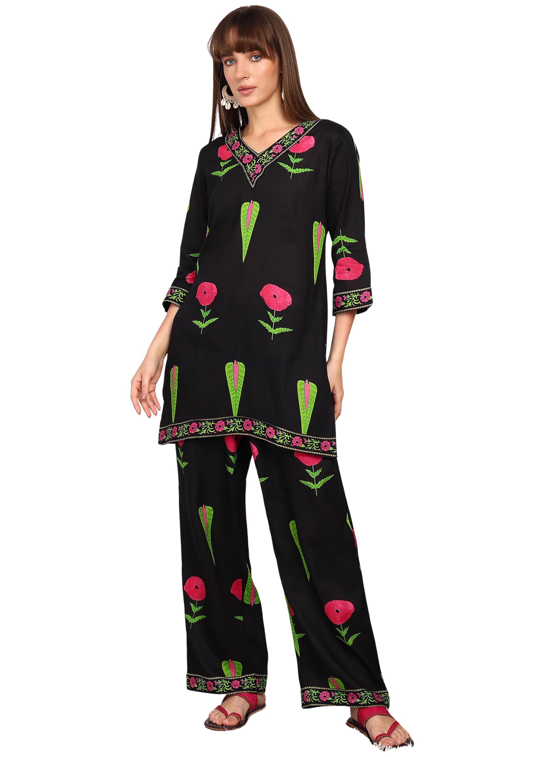 wander theory Women’s Black Floral Printed Co-ord Set Viscose Rayon | Straight Fit | Everyday Statement Wear-picture-30