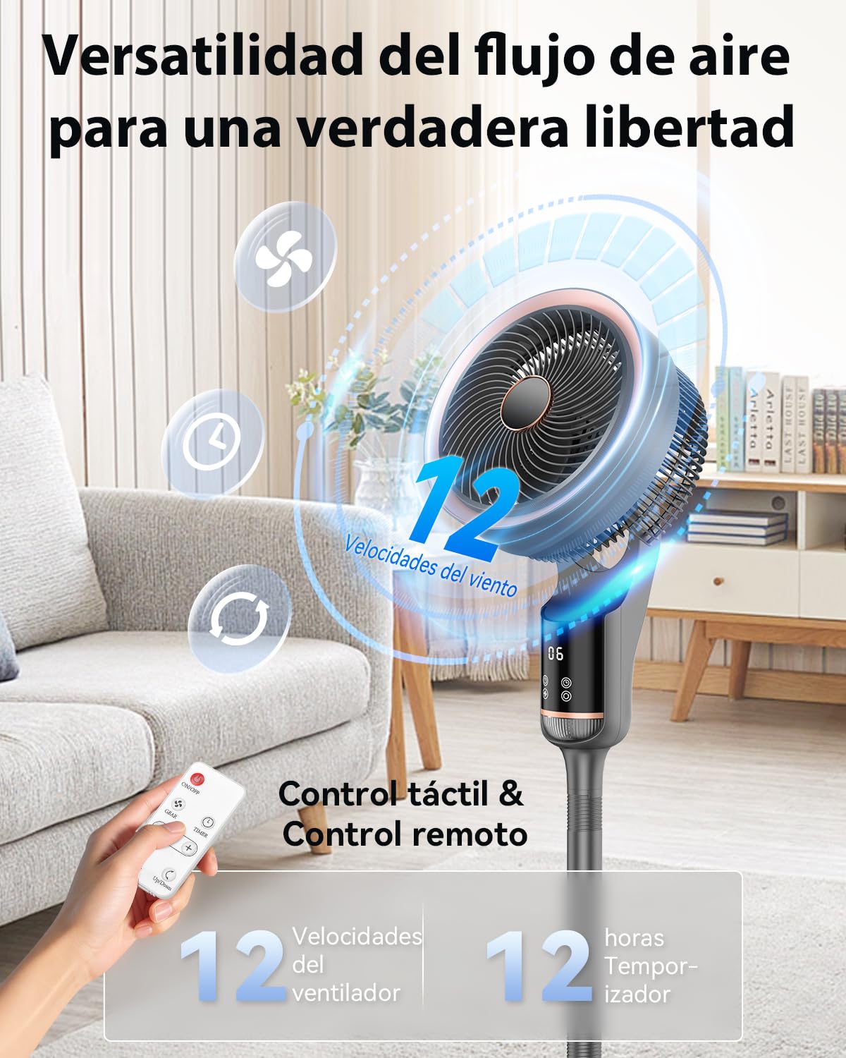 Ventilador de Pie Silencioso 20dB para Dormitorio con Motor DC, 12 Velocidades, 3 Modos, Oscilación 120°+120°, Altura Ajustable 53-110 cm, Temporizador 12 Horas, Mando a Distancia y Flujo de Aire 27m