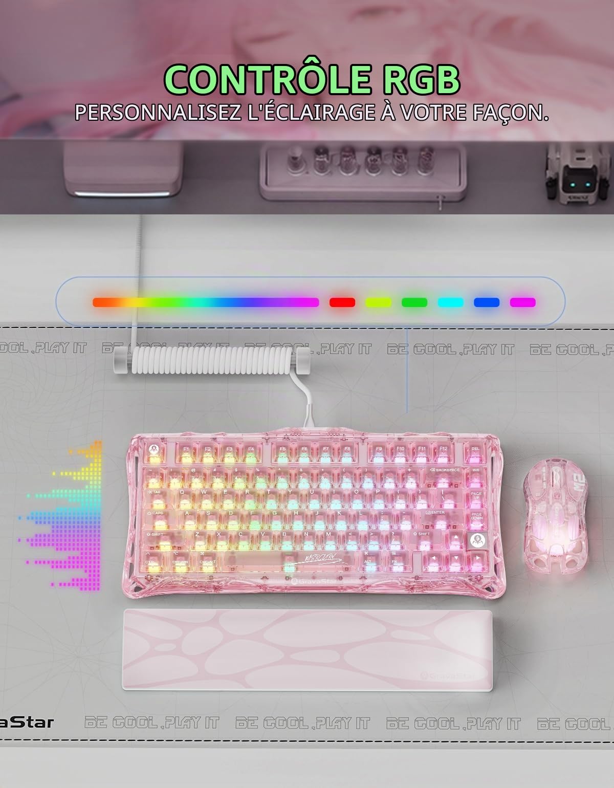 GravaStar Mercury K1 Lite Clavier Gamer Mécanique sans Fil 75%,Crystal Rose