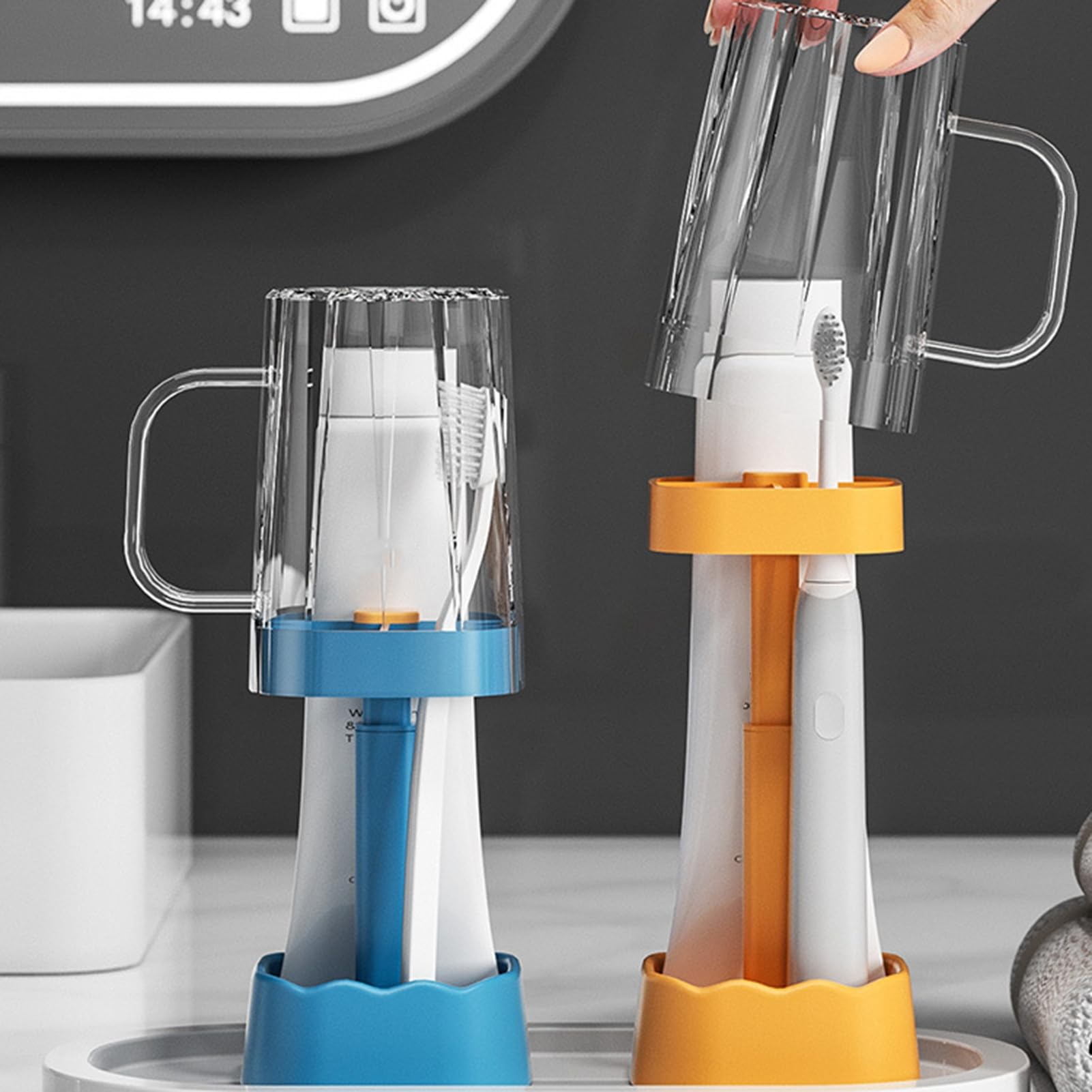 ohfruit Tazza per collutorio con base pesante, bocca liscia, manico regolabile in altezza, set di tazze per collutorio in plastica a prova di umidità, bicchiere da bagno blu
