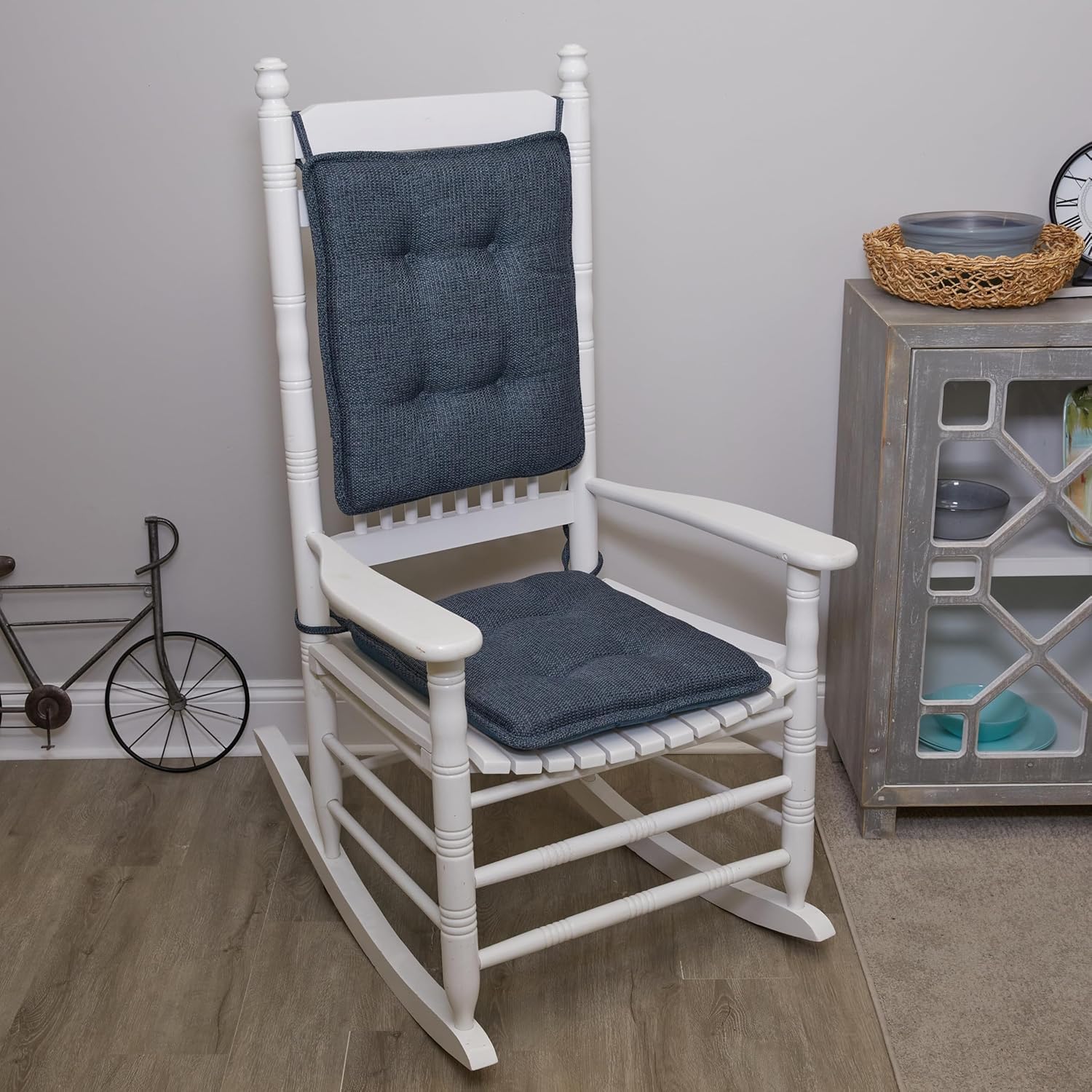 Klear Vu Porch Rocking Chair Cushion Set for Indoor and Outdoor Stylish Seat and Back Pads with Fabric Ties, 20" x 17" x 2", Tonic Blue