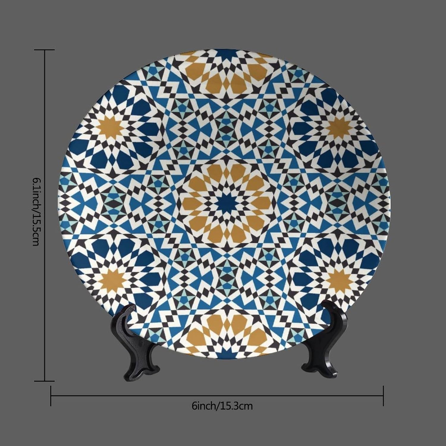 Turkish Decorative Plate Holder, 8 Inch, Blue Round Display Plate, Handmade Ceramic Ornament, for Wall Hanging Living Room Bathroom Decor Gift