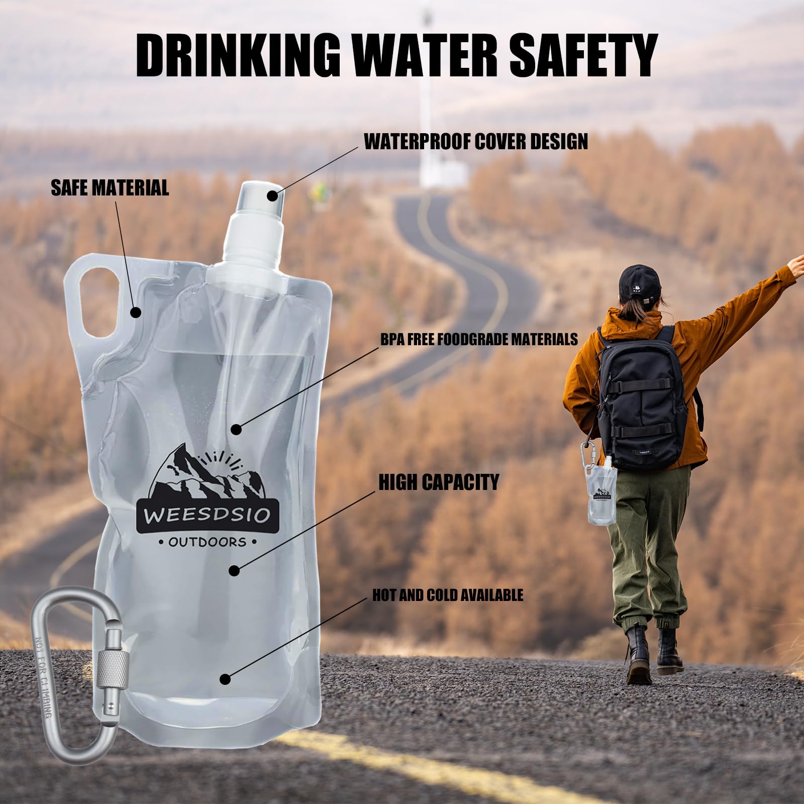 Faltbare Wasserflaschen mit Bergsteiger-Schnalle (nicht zum Klettern geeignet), BPA-frei, faltbar, für Camping, Wandern, Laufen, Radfahren, Bergsteigen, 5 Stück