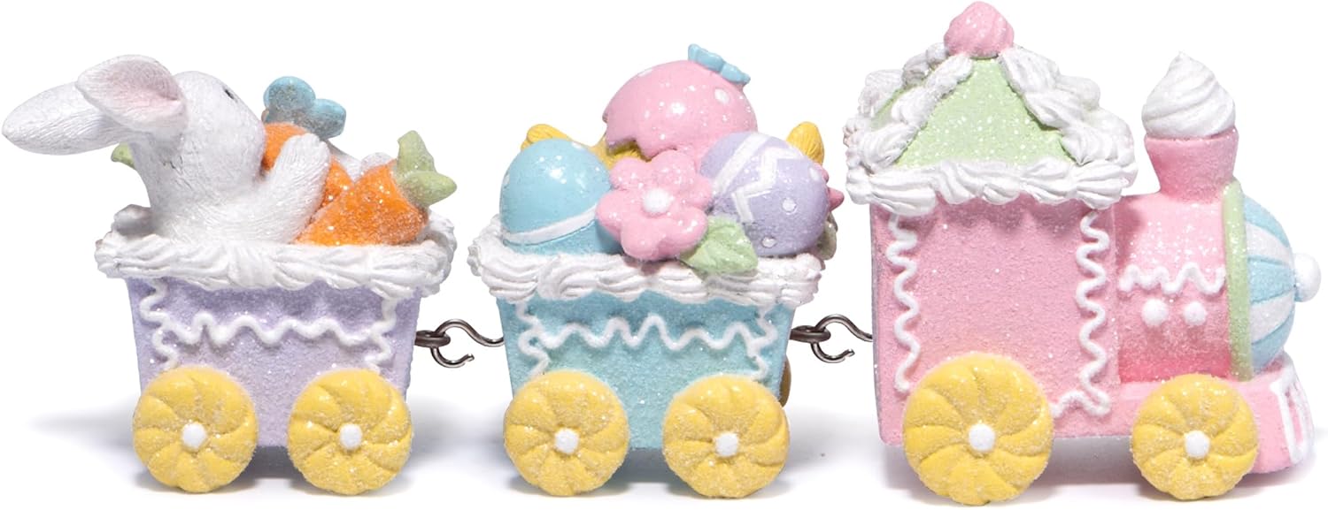 Hodao 9.25" Easter Day Bunny Train Decoration Spring Family Warmth Figurines Spring Bunny Decor Handmade Gingerbread Train Figurines for Home Decor Gifts - Easter Day Party (Multicolor) - Image 3
