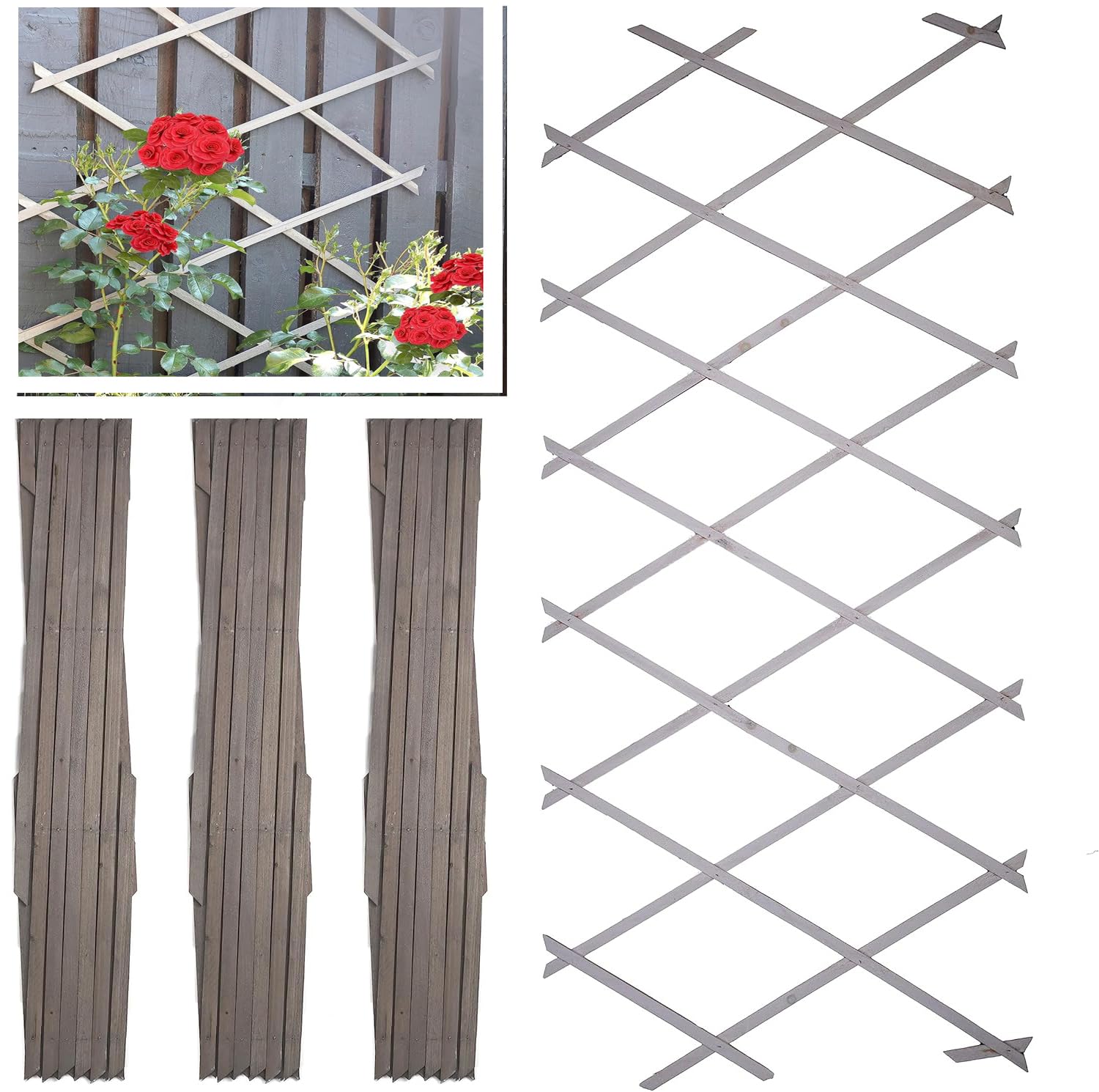 PRADICHI Wooden Expandable Pack of 3 Trellis for Climbing Plants – Garden Wall Trellis Fence Panels for Outdoor & Indoor Decoration, Partition & Plant Support (Grey, 180cm x 60cm (3 Pack))