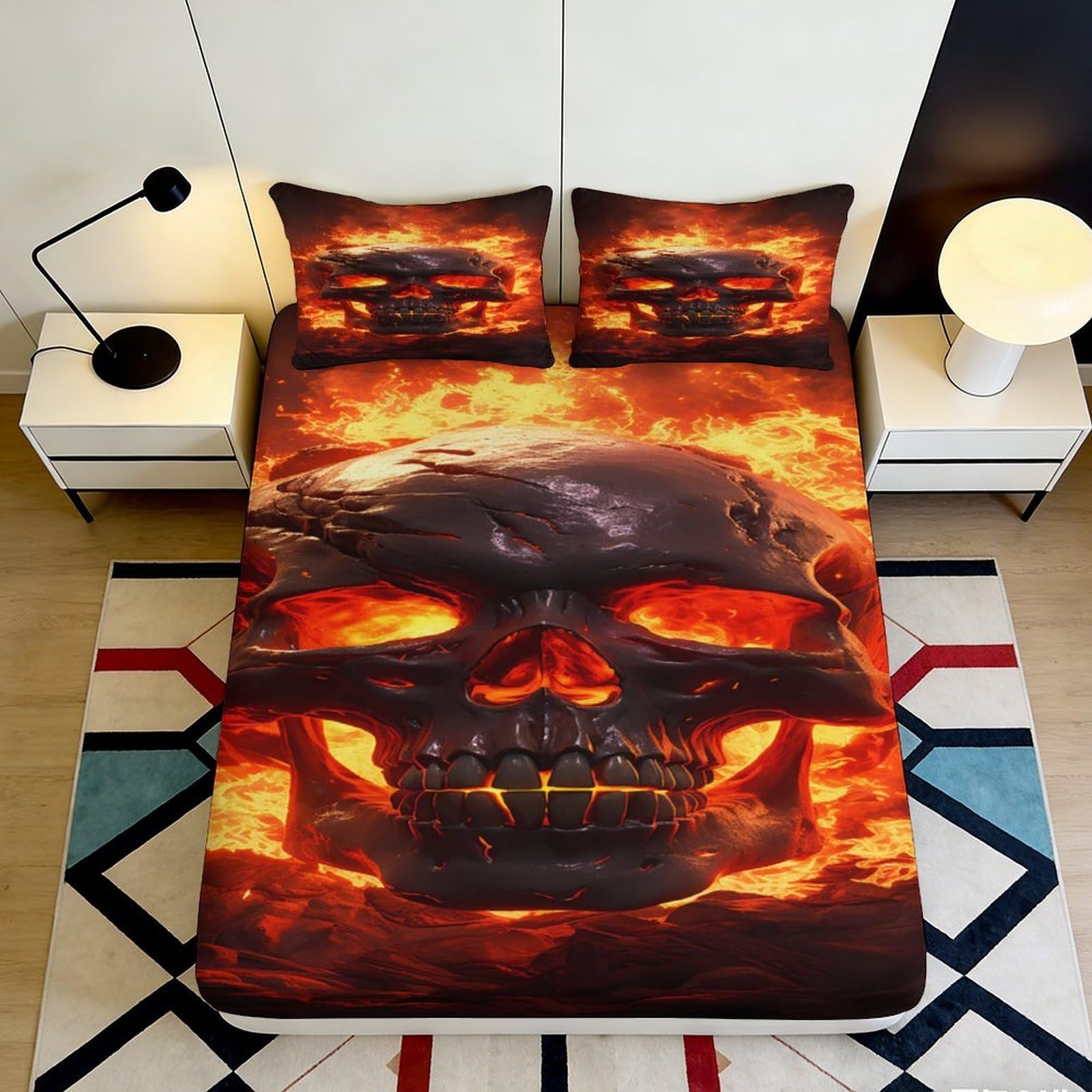 3D Printed Fiery Skull Fitted Sheet Microfiber Soft Breathable Flaming Skull Bed Sheet for Bedroom Dormitory Guest Room Mattress Protection Decor 120x200x25cm