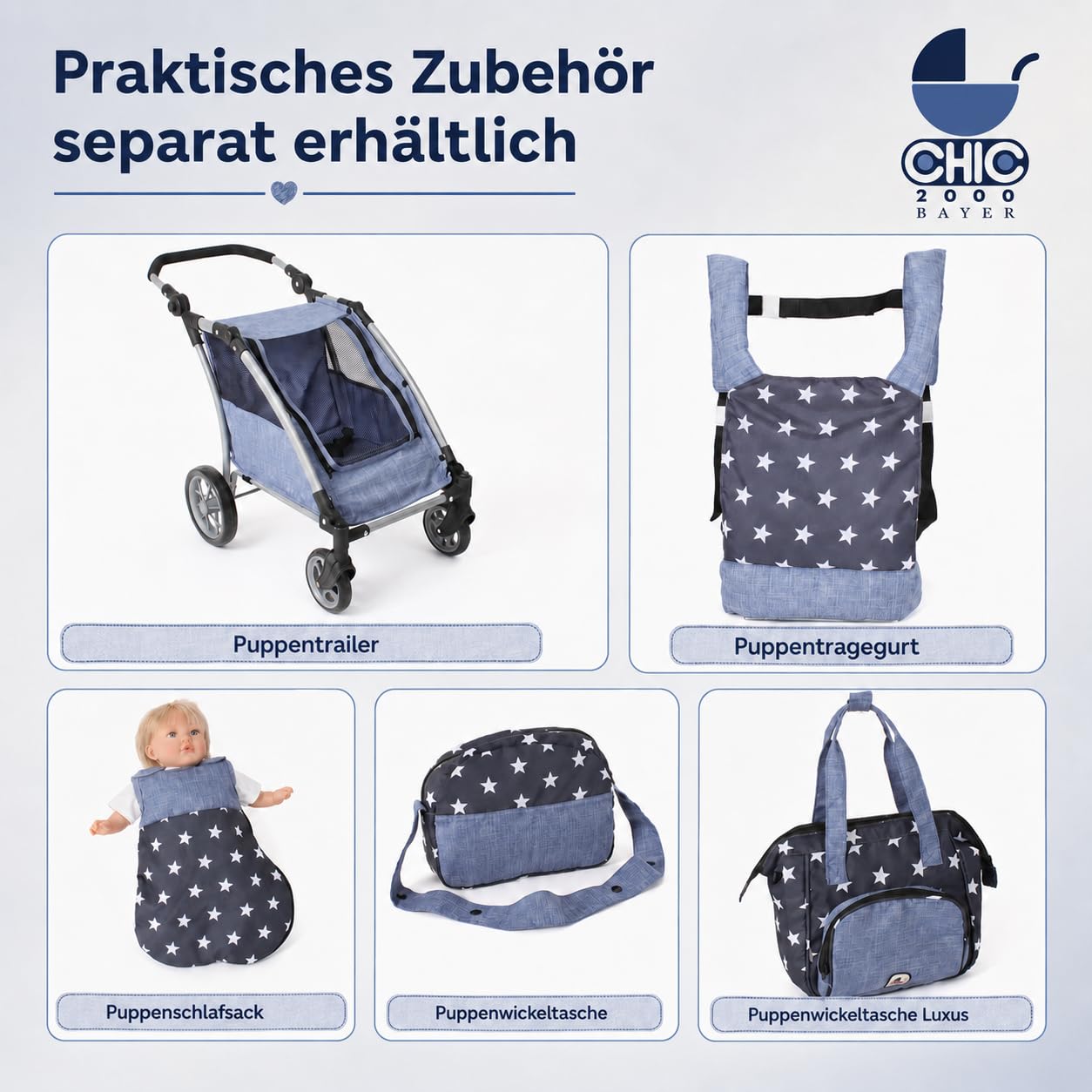 Bayer Chic 2000 - Cochecito de muñecas Mika, 2 en 1, para niños de 4 a 8 años, azul vaquero, 73 x 41 x 82 cm