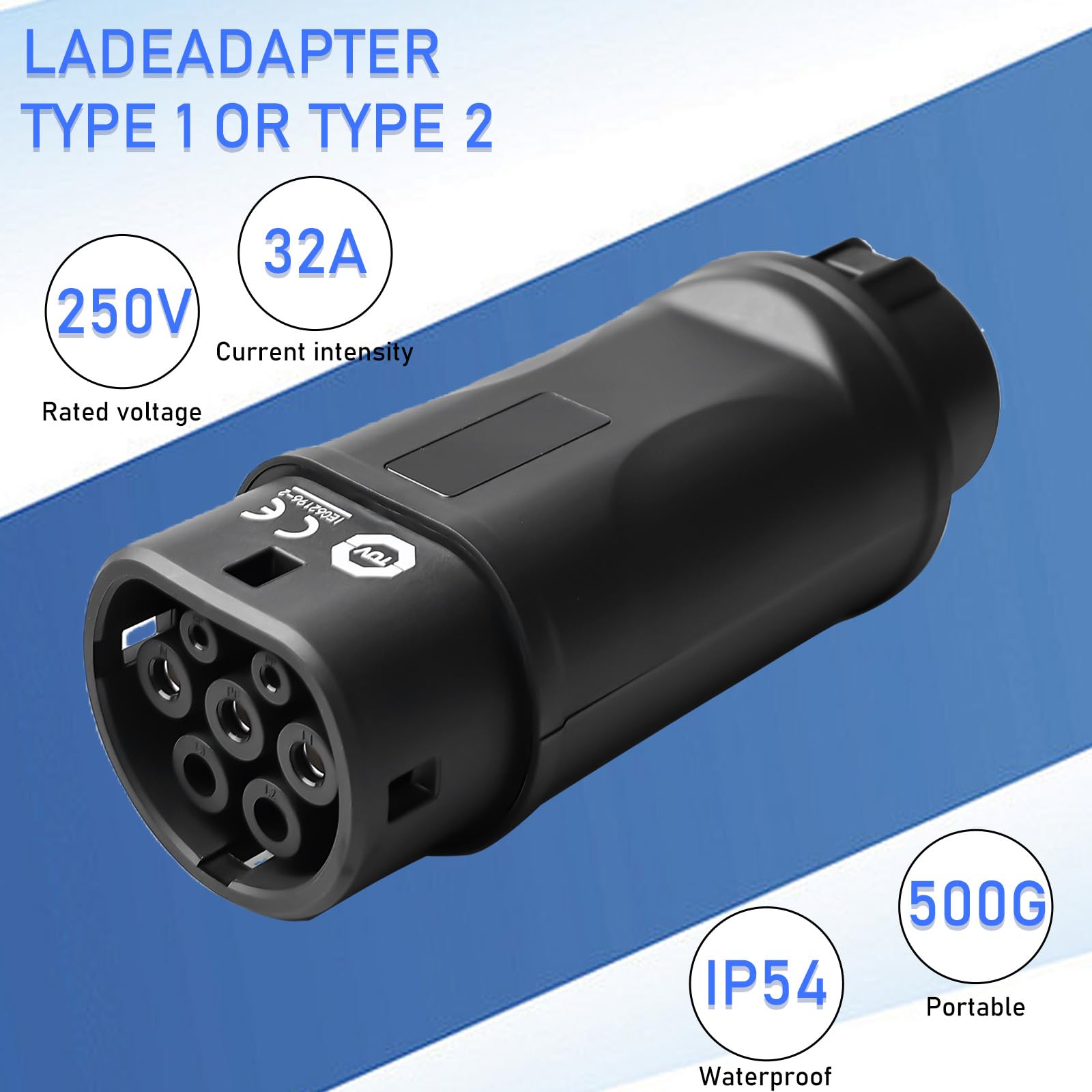 Leikurvo Adapter Typ 1 na Typ 2 EV, Adapter Typ1 (SAE J1772) wtyczka na Typ2 (IEC 62196) gniazdo 32A/16A EV Adapter ładujący Konwerter Adapter kabel ładujący Adapter gniazdo ładowania dla Typ2